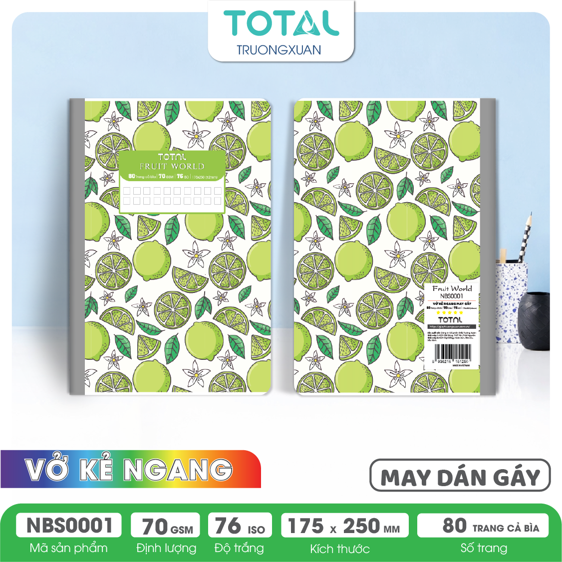 Vở may dán gáy Total chống lóa Fruit World 80 trang