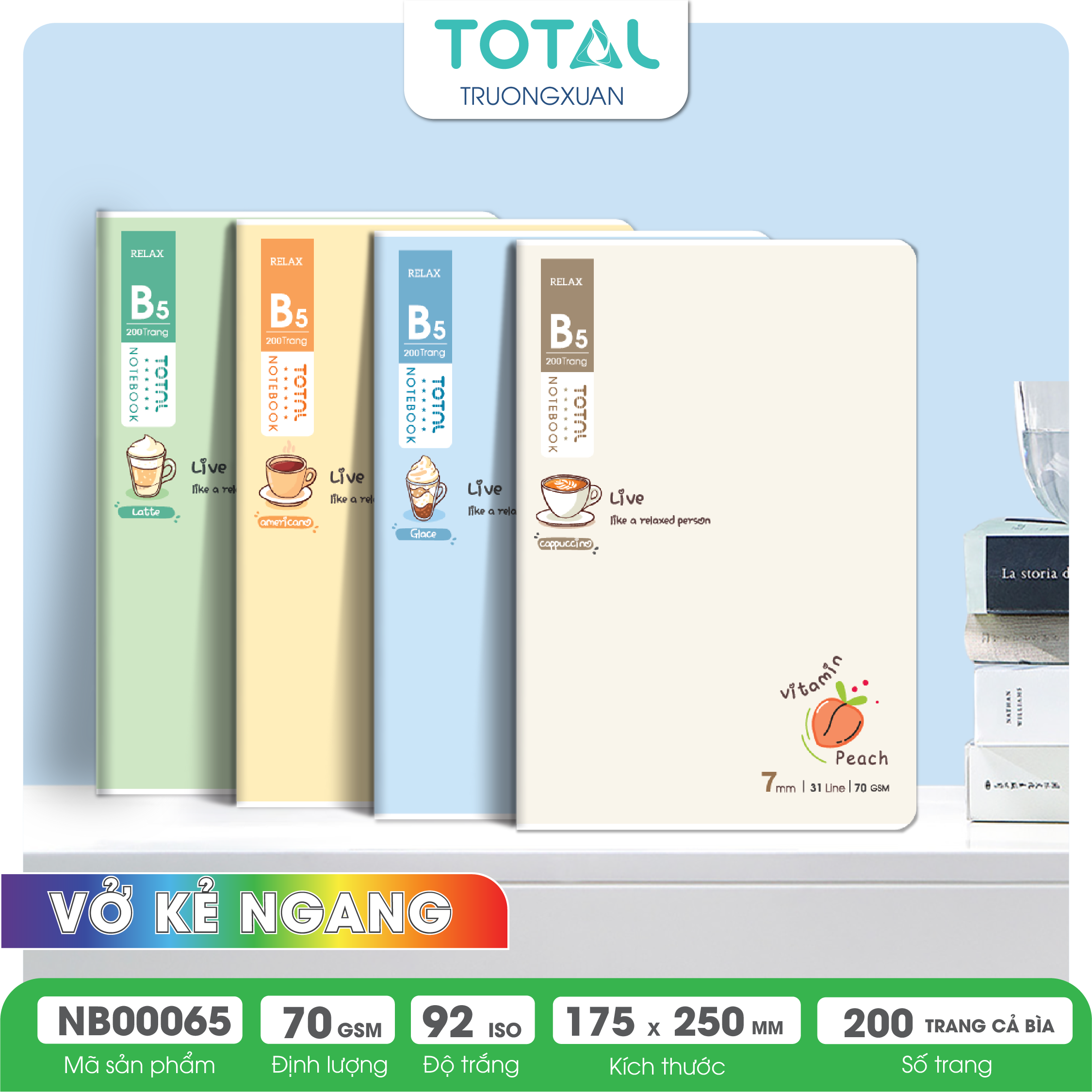 Vở  kẻ ngang cao cấp Total Relax 200 trang