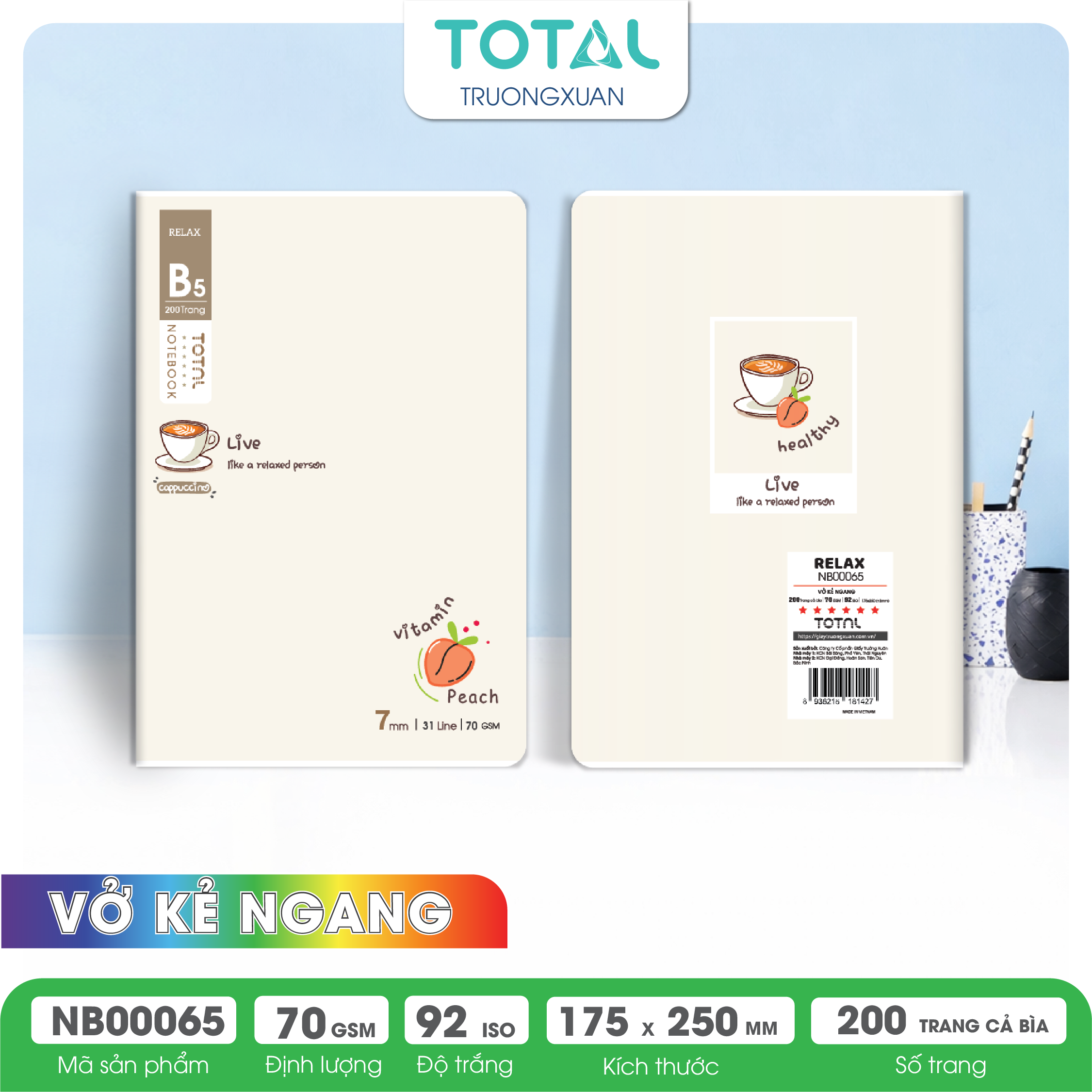 Vở  kẻ ngang cao cấp Total Relax 200 trang