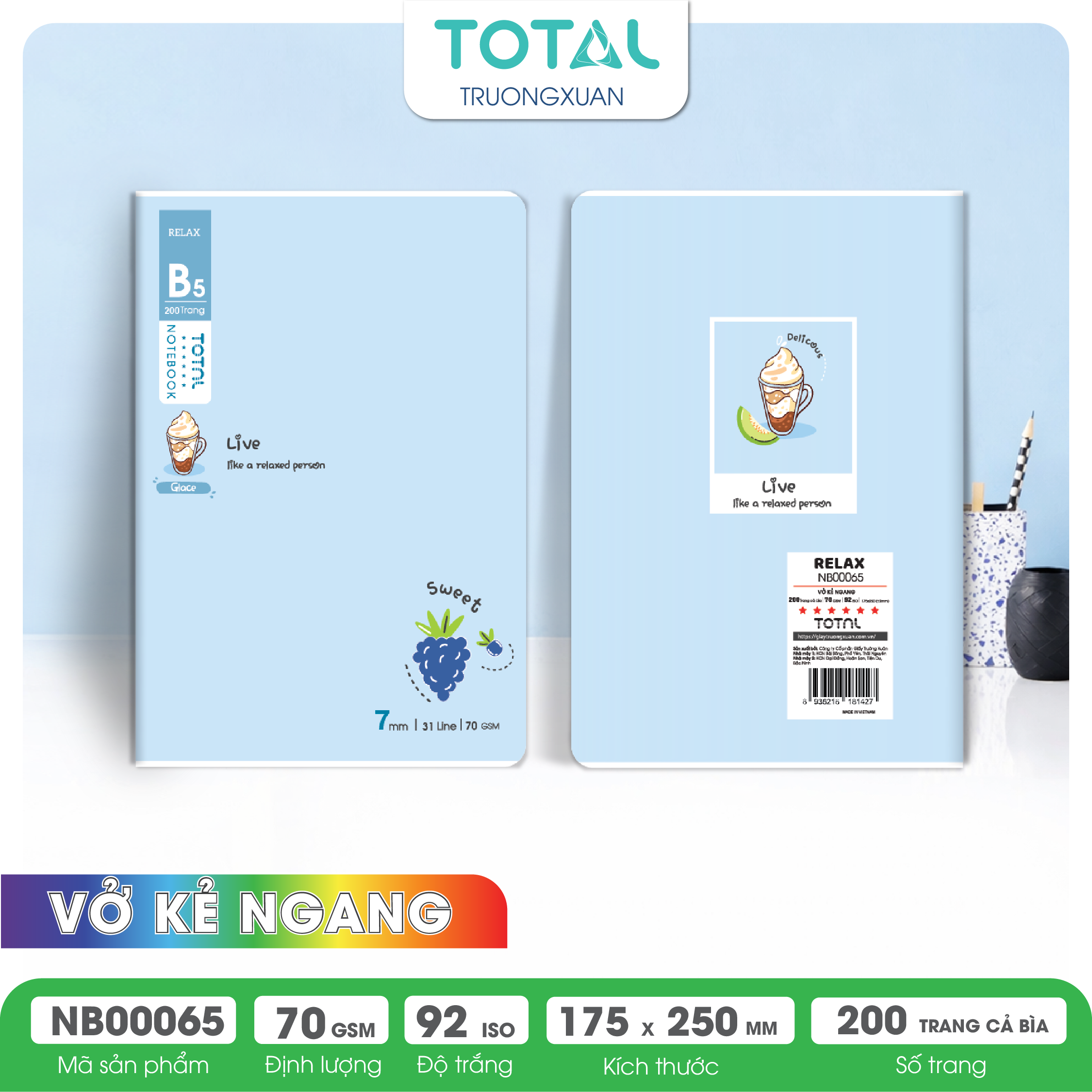 Vở  kẻ ngang cao cấp Total Relax 200 trang