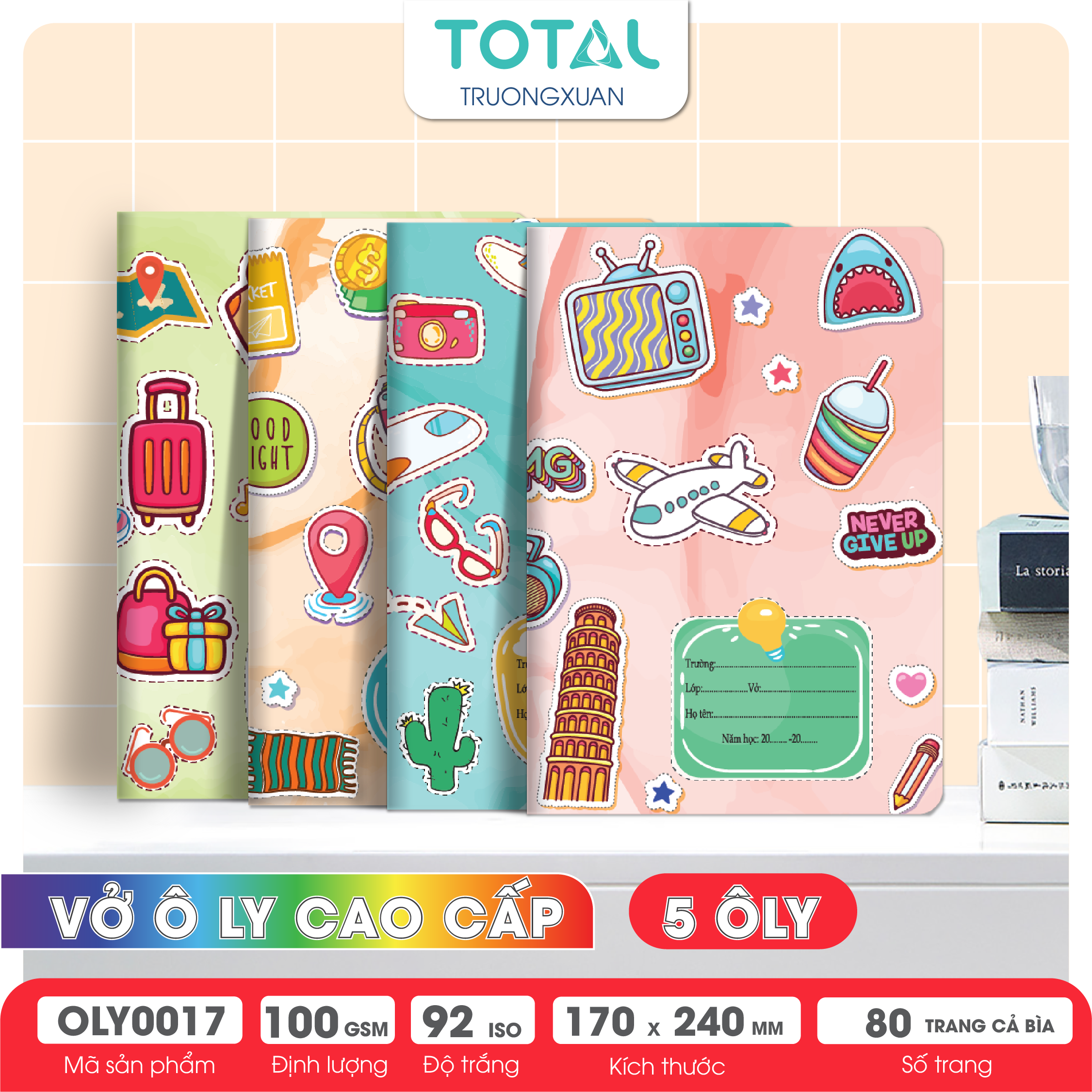 Vở oly Total Sticker 80 trang 5 ôly (2x2mm)