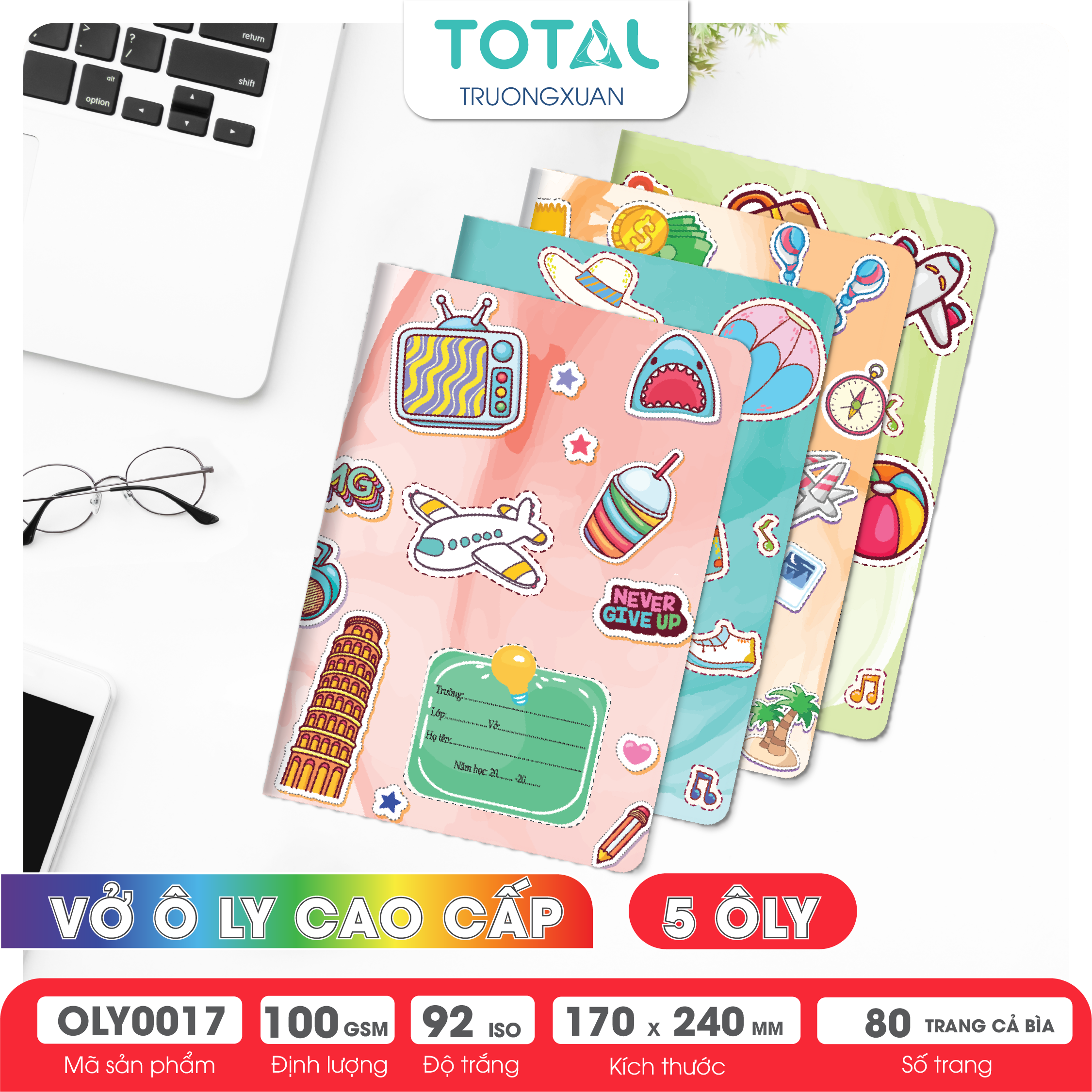 Vở oly Total Sticker 80 trang 5 ôly (2x2mm)