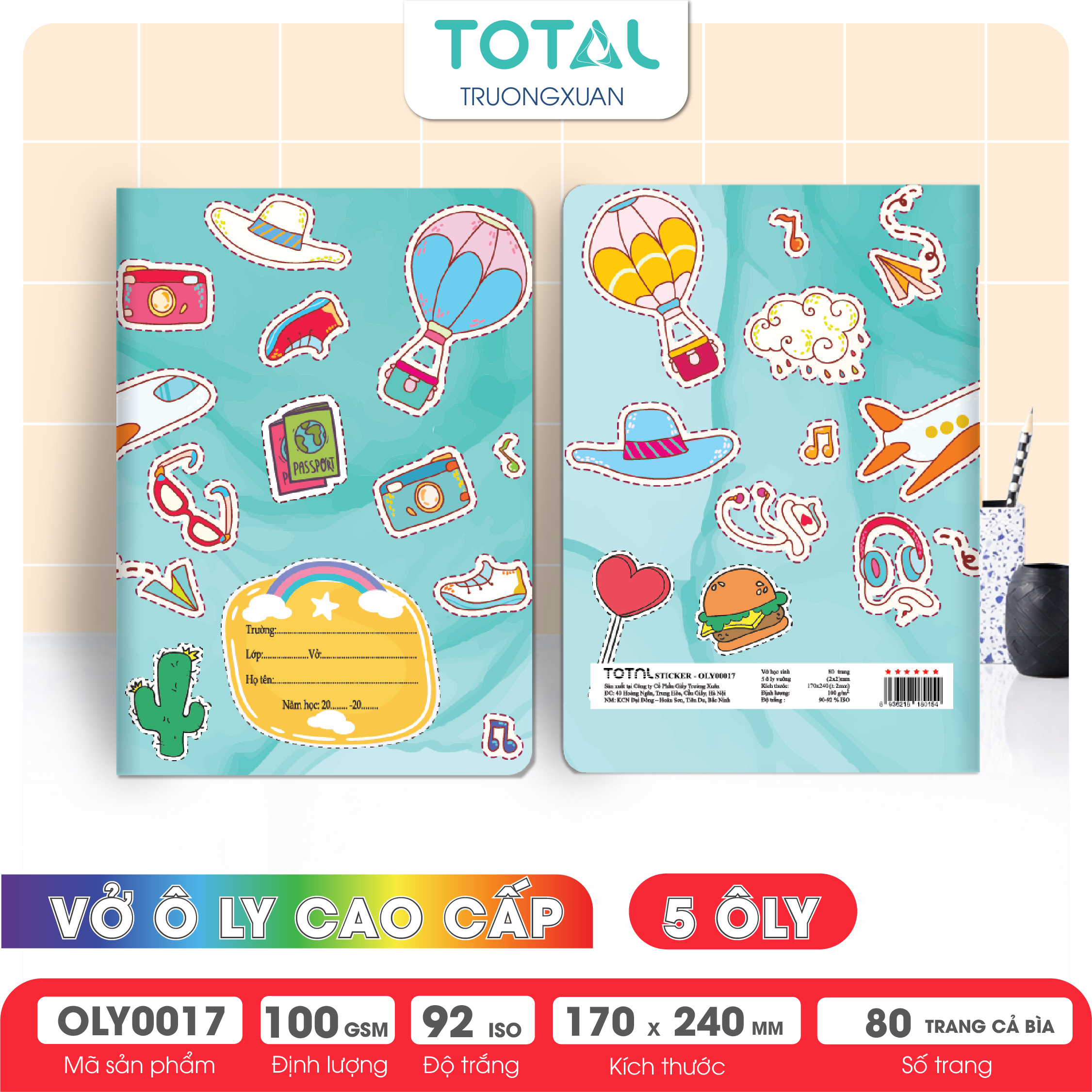 Vở oly Total Sticker 80 trang 5 ôly (2x2mm)