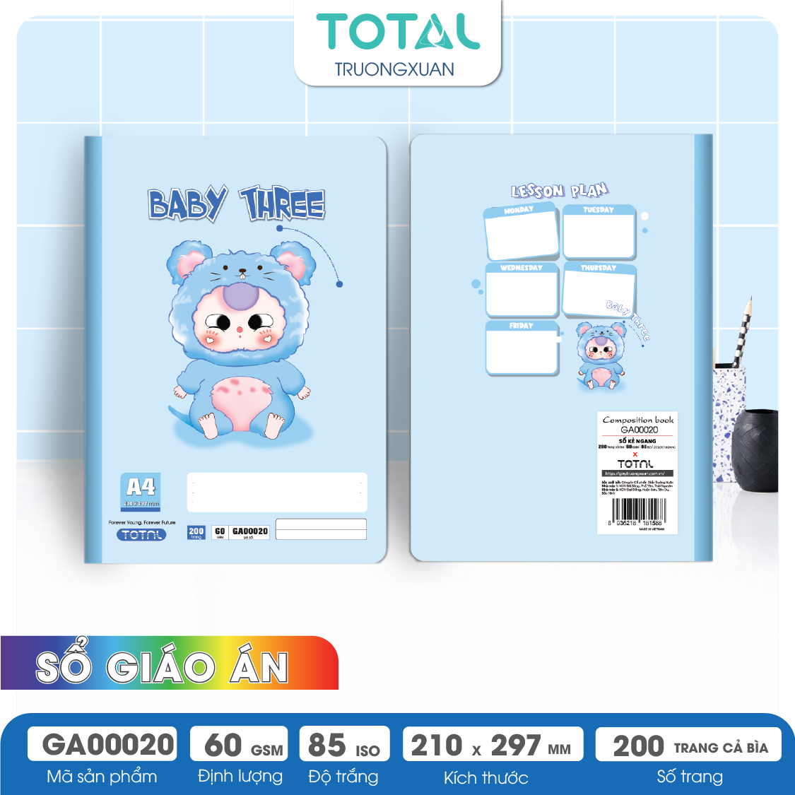 Sổ A4 Baby Three kẻ ngang 200 trang