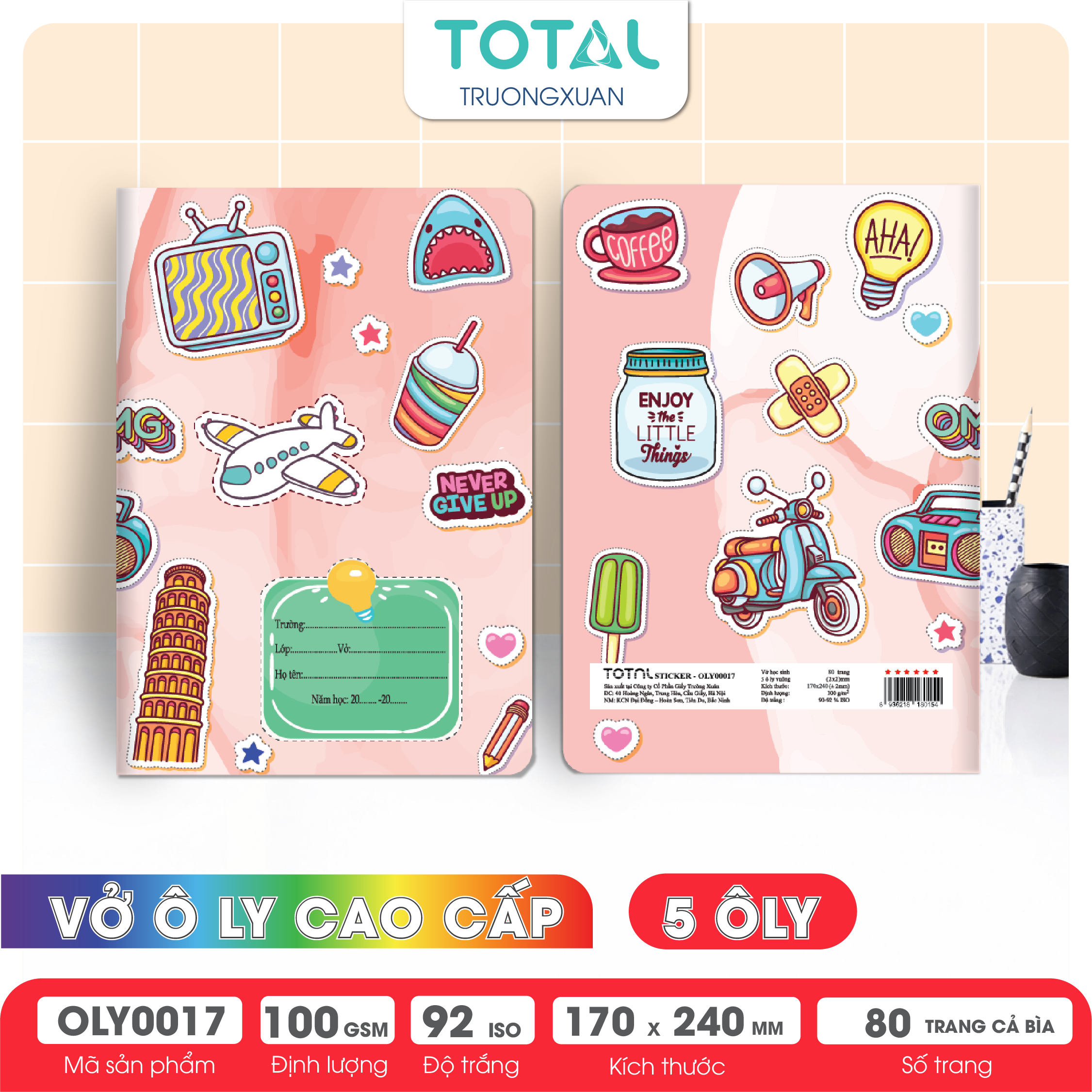 Vở oly Total Sticker 48 trang 5 ôly (2x2mm)