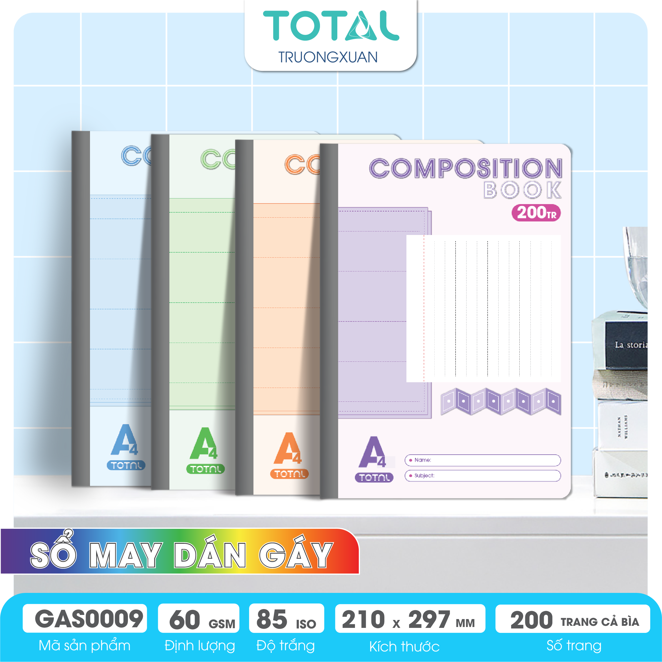 Sổ may dán gáy cao cấp A4 Total GAS0009 200 trang
