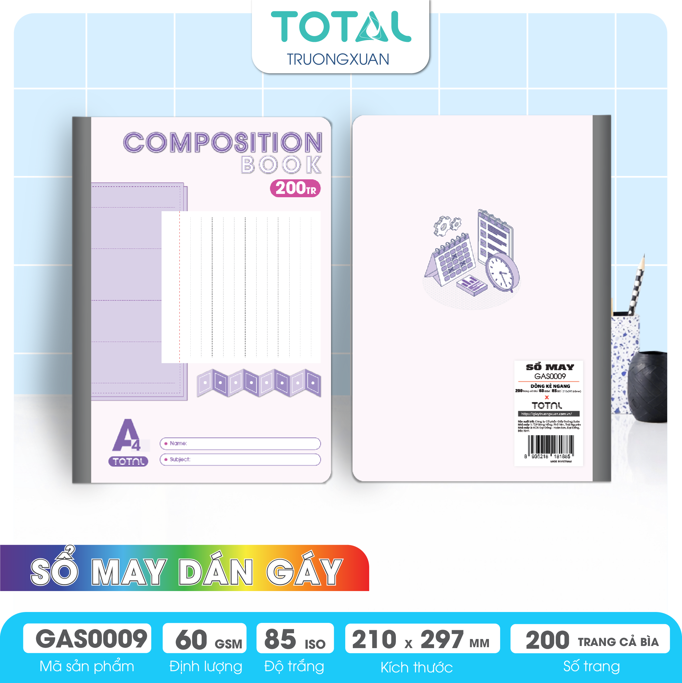Sổ may dán gáy cao cấp A4 Total GAS0009 200 trang