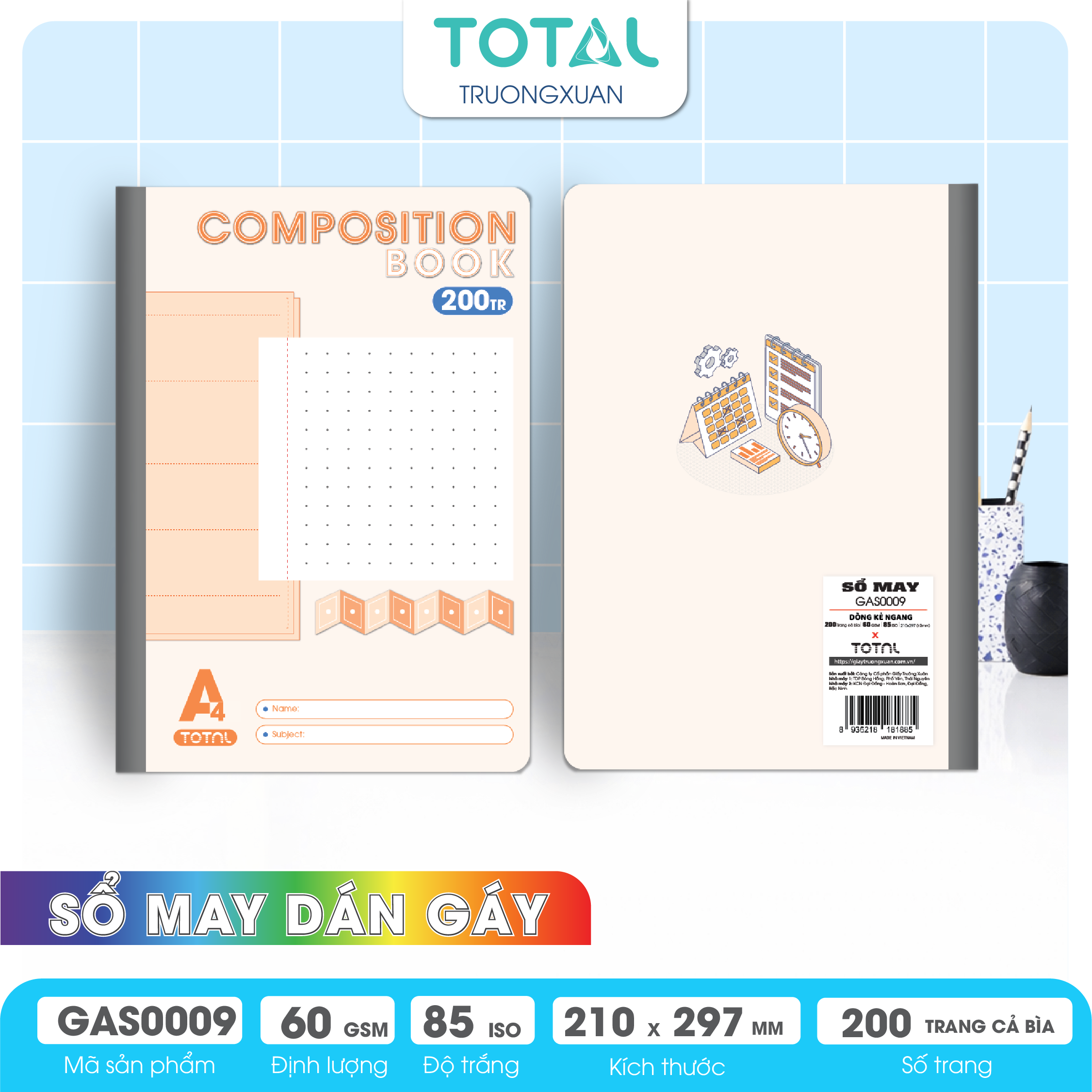 Sổ may dán gáy cao cấp A4 Total GAS0009 200 trang