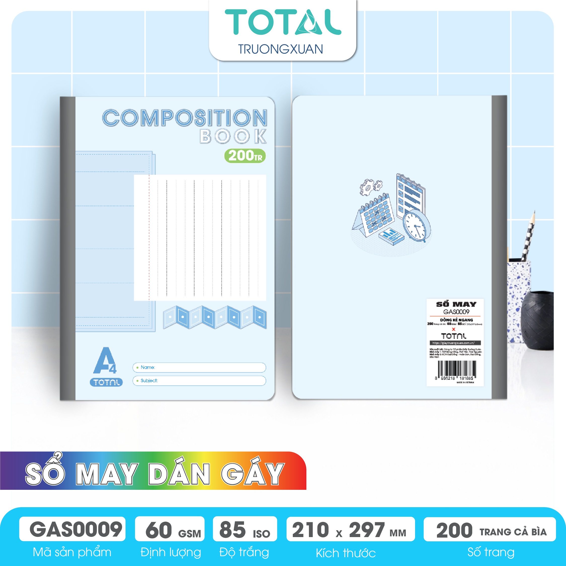 Sổ may dán gáy cao cấp A4 Total GAS0009 200 trang