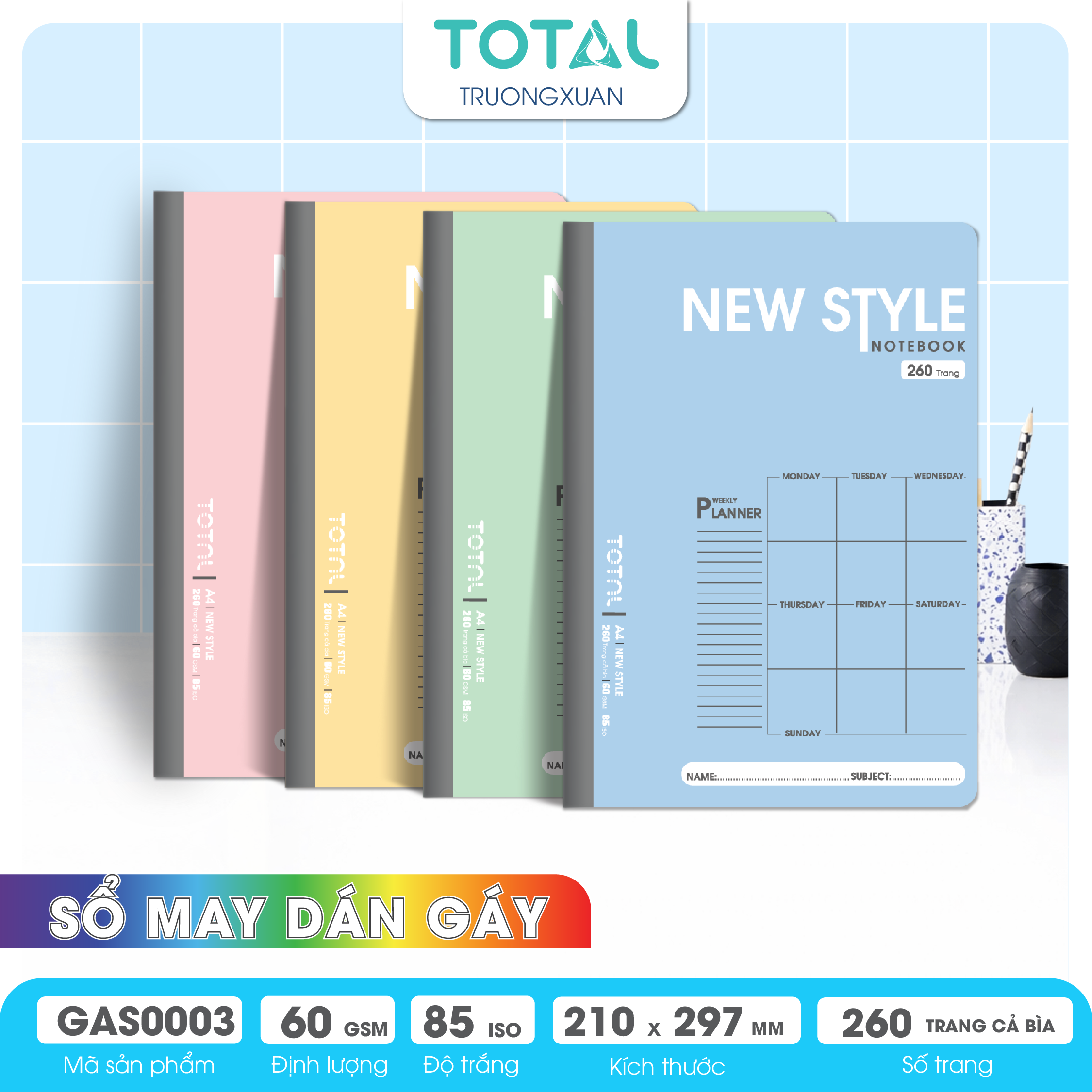 Sổ may dán gáy cao cấp A4 Total GAS0003 260 trang