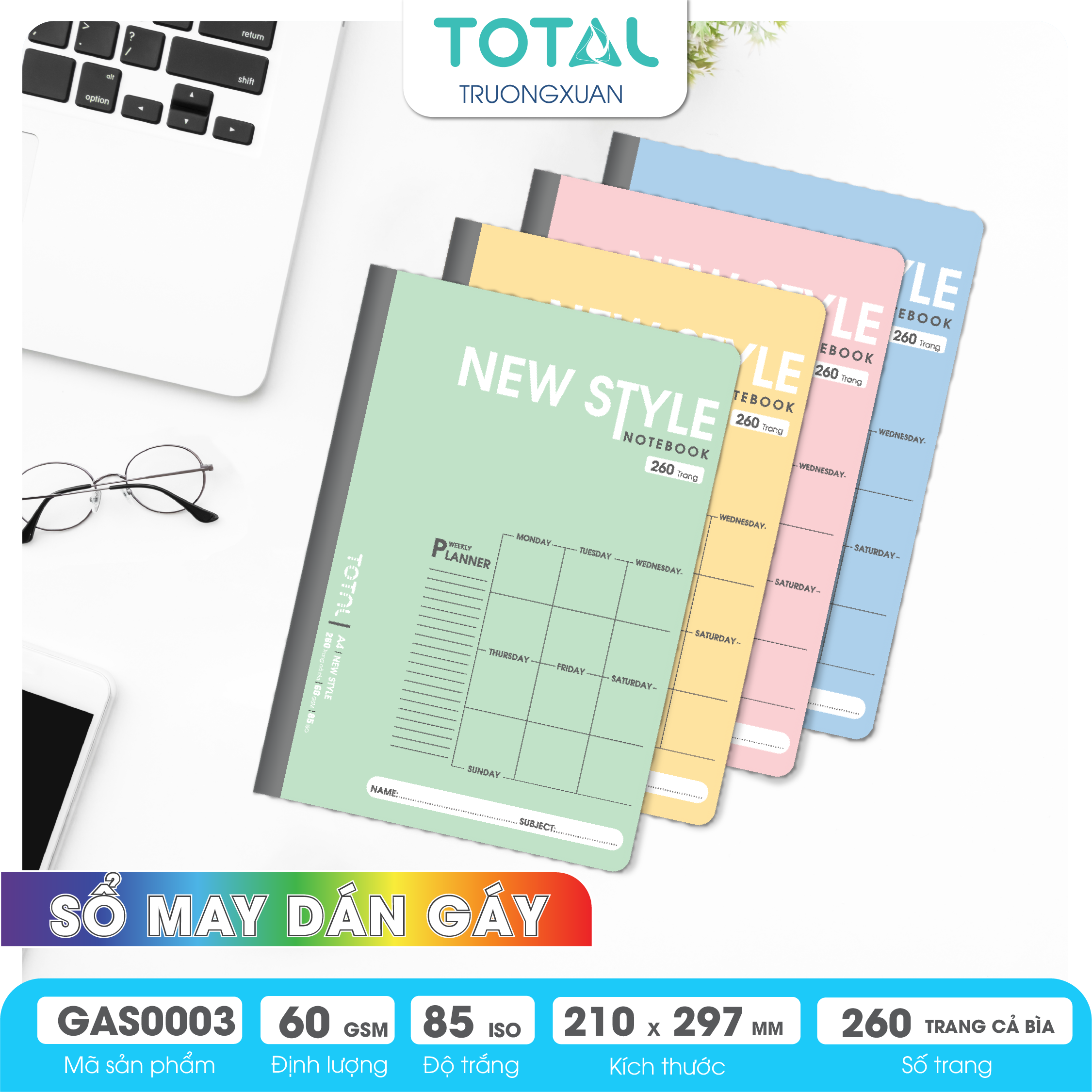 Sổ may dán gáy cao cấp A4 Total GAS0003 260 trang