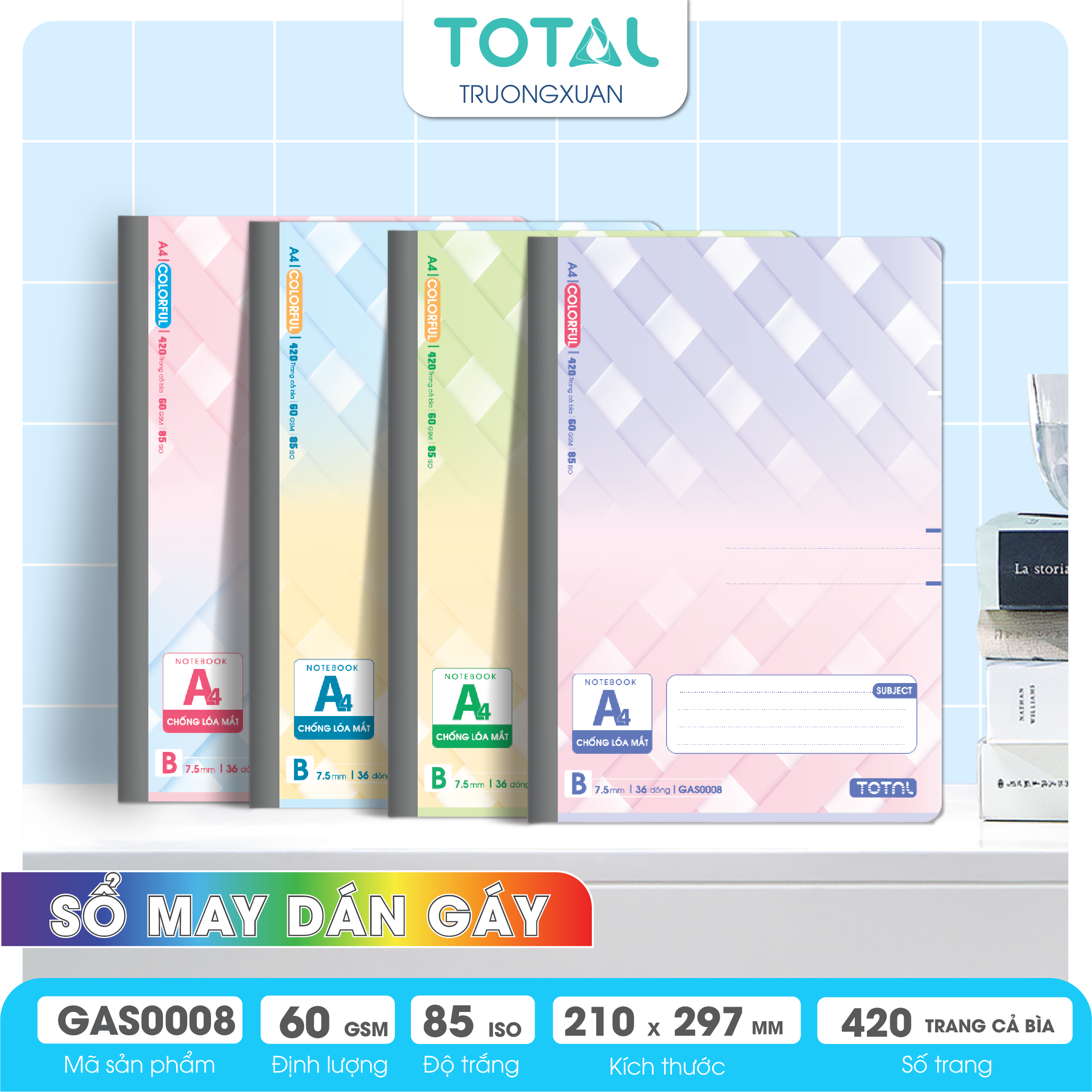 Sổ may dán gáy cao cấp A4 Total GAS0008 420 trang