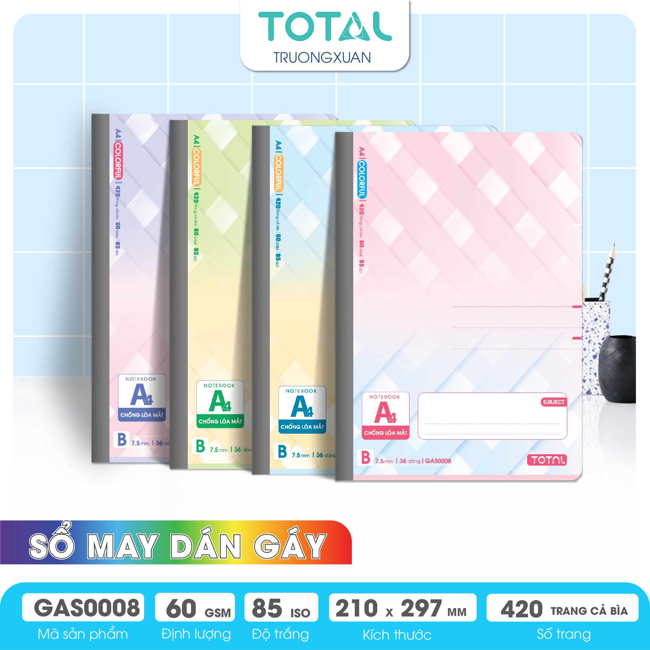 Sổ may dán gáy cao cấp A4 Total GAS0008 420 trang