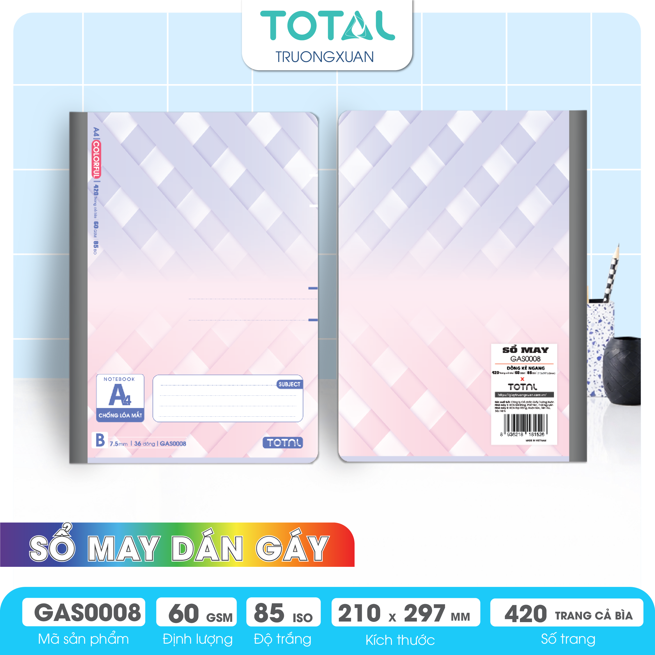 Sổ may dán gáy cao cấp A4 Total GAS0008 420 trang