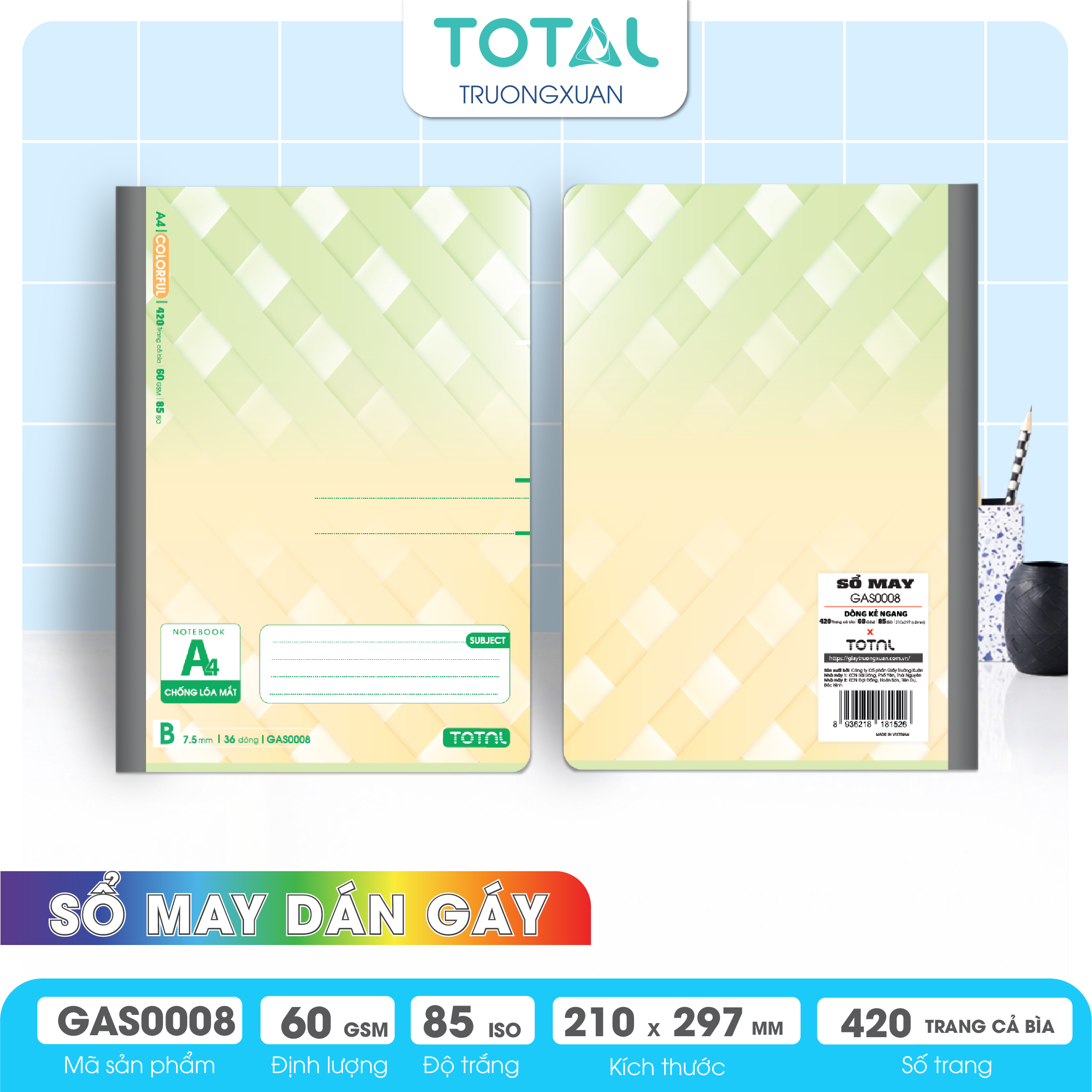Sổ may dán gáy cao cấp A4 Total GAS0008 420 trang
