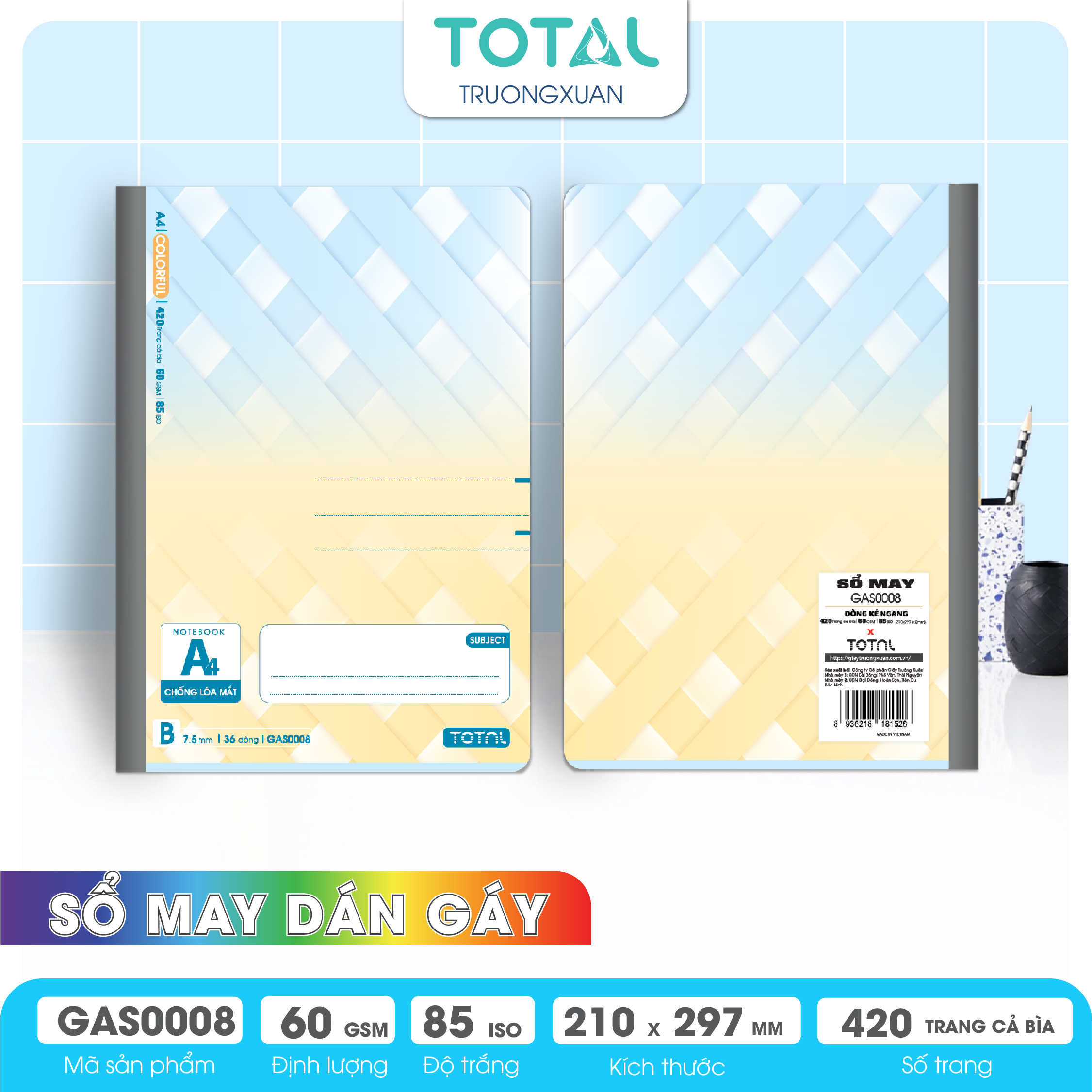 Sổ may dán gáy cao cấp A4 Total GAS0008 420 trang