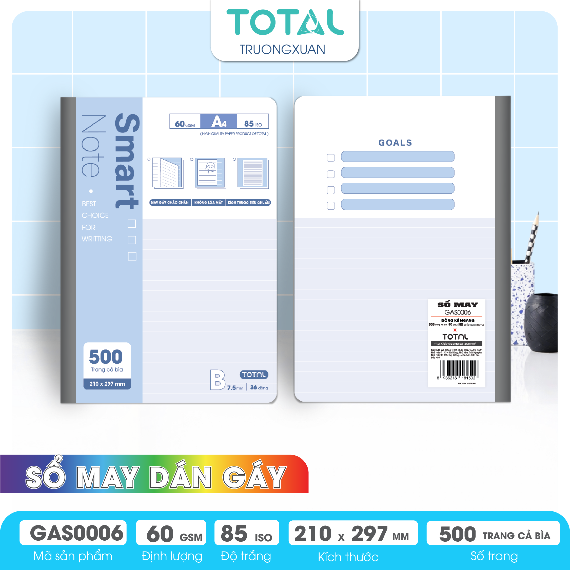 Sổ may dán gáy cao cấp A4 Total GAS0006 500 trang