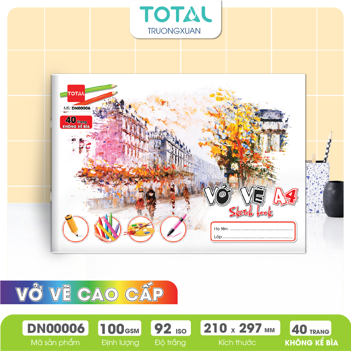 Vở vẽ mỹ thuật ghim A4- 40 trang không kể bìa/ quyển