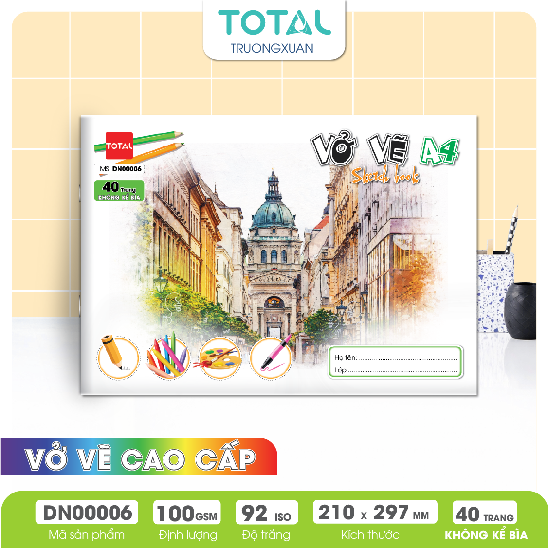 Vở vẽ mỹ thuật ghim A4- 40 trang không kể bìa/ quyển