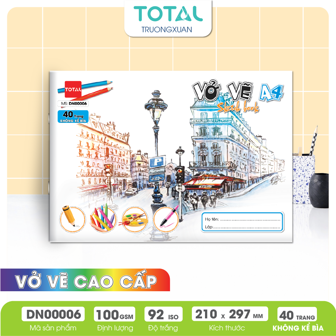 Vở vẽ mỹ thuật ghim A4- 40 trang không kể bìa/ quyển