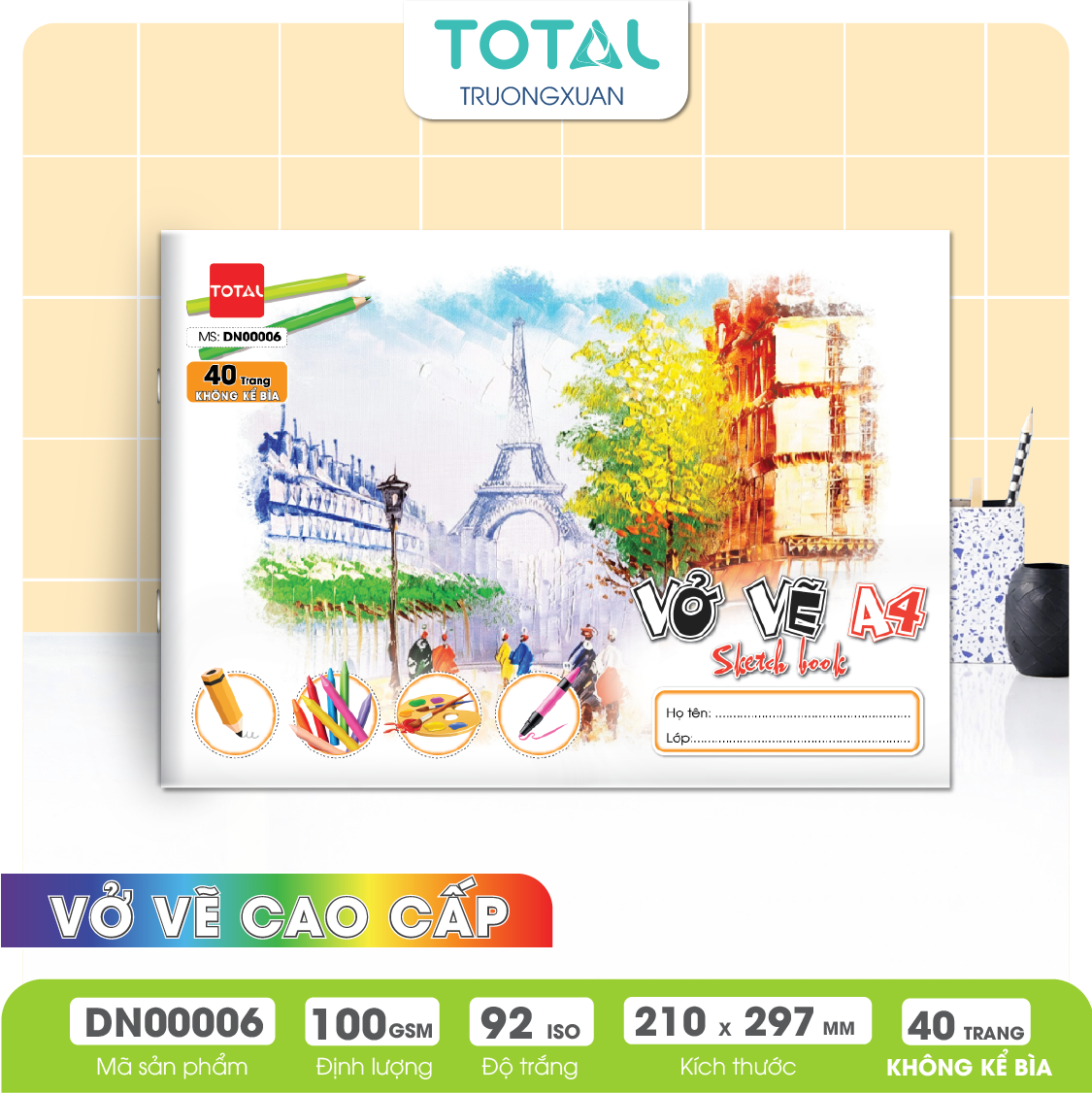 Vở vẽ mỹ thuật ghim A4- 40 trang không kể bìa/ quyển