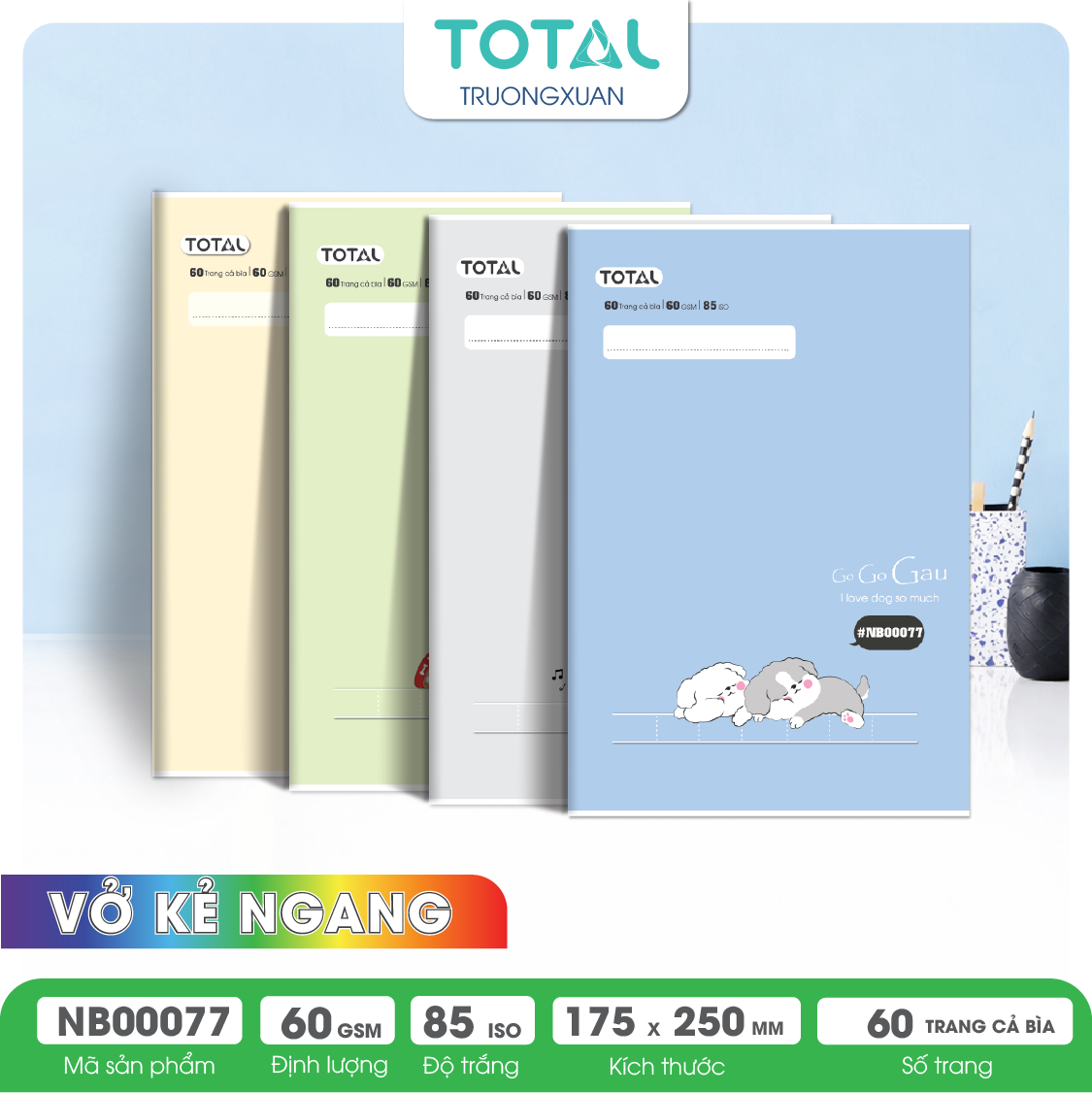 Vở kẻ ngang Total Cute Dogs 60 trang