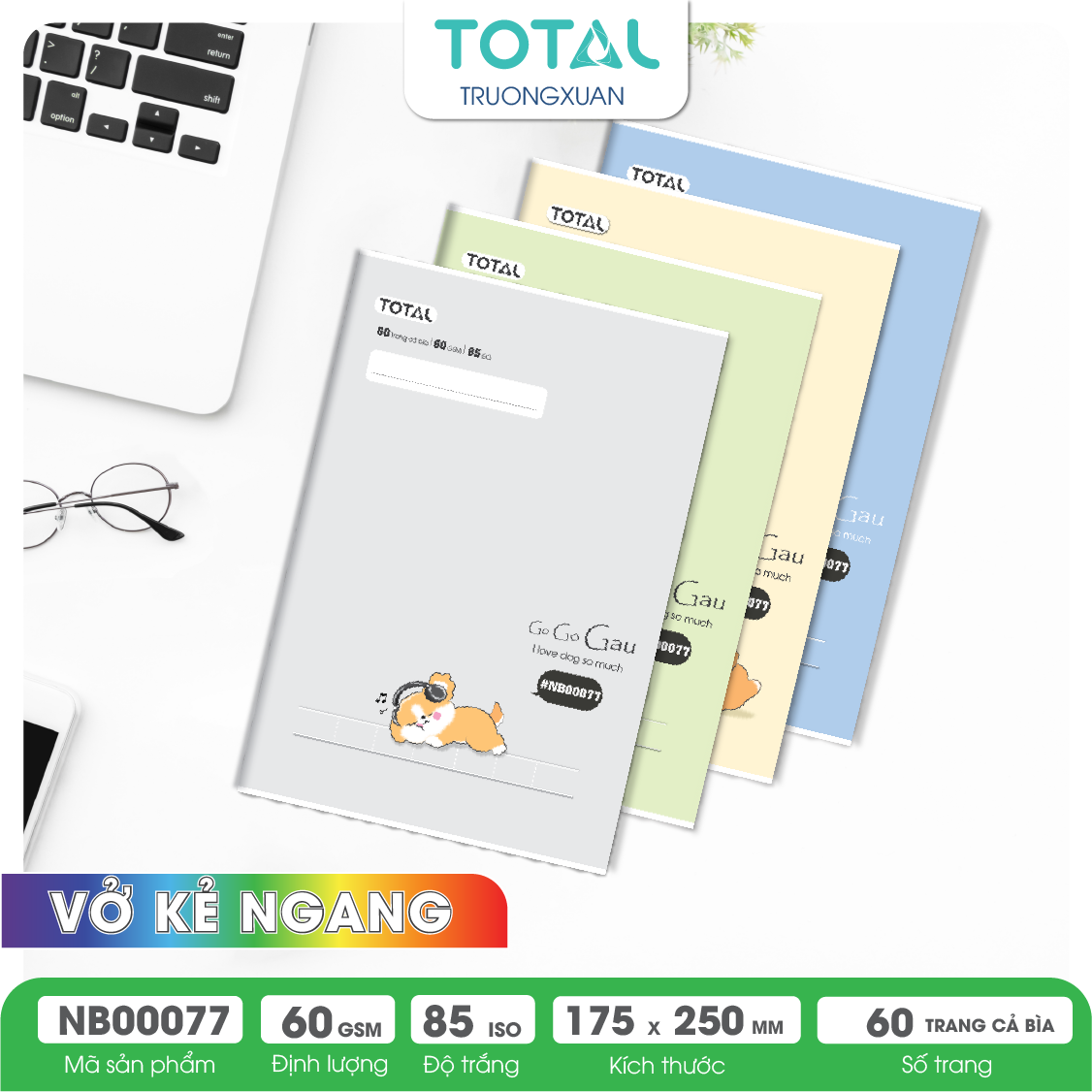 Vở kẻ ngang Total Cute Dogs 60 trang