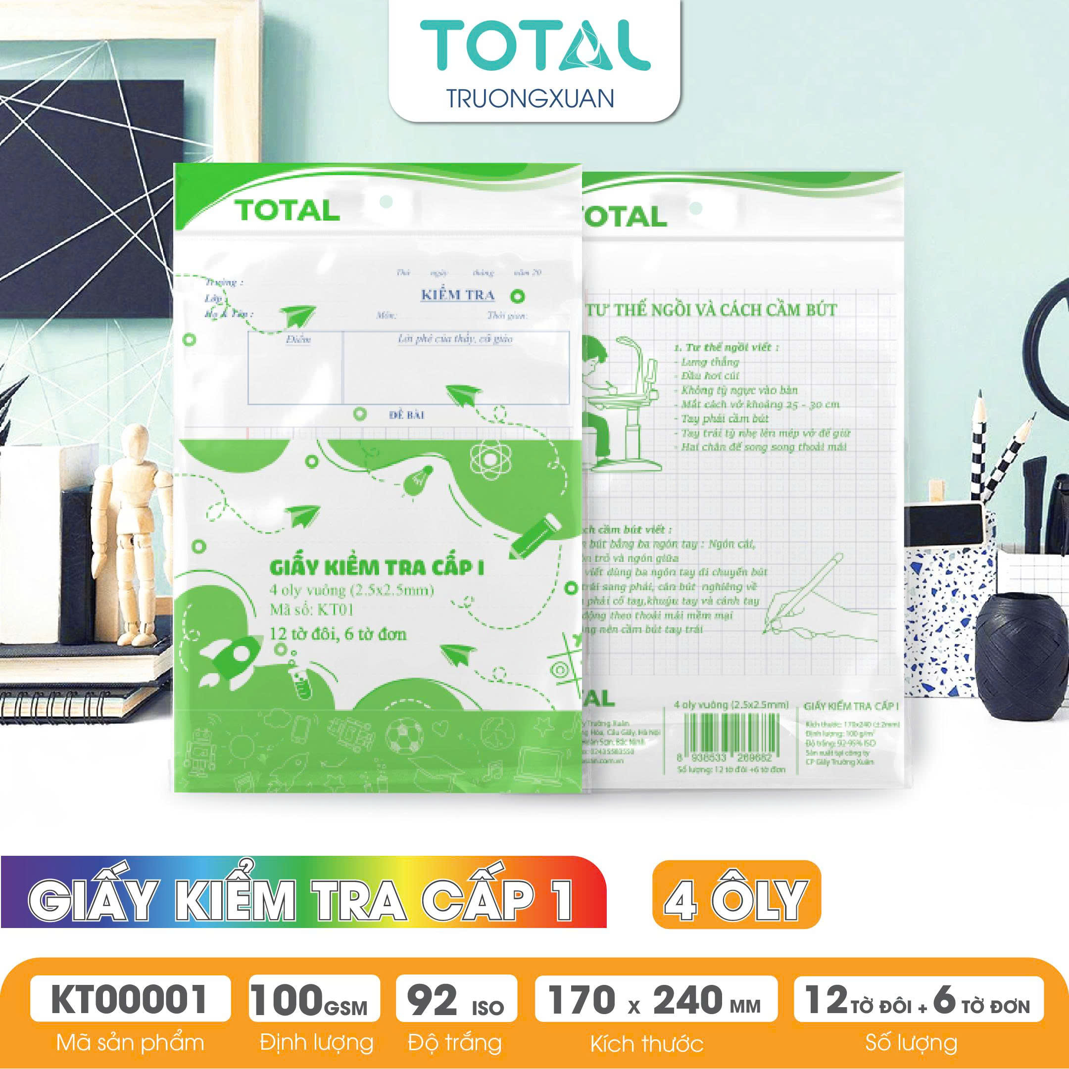Giấy kiểm tra cấp 1, 4 ôly ( 2.5x2.5mm)- 12 tờ đôi,6 tờ đơn