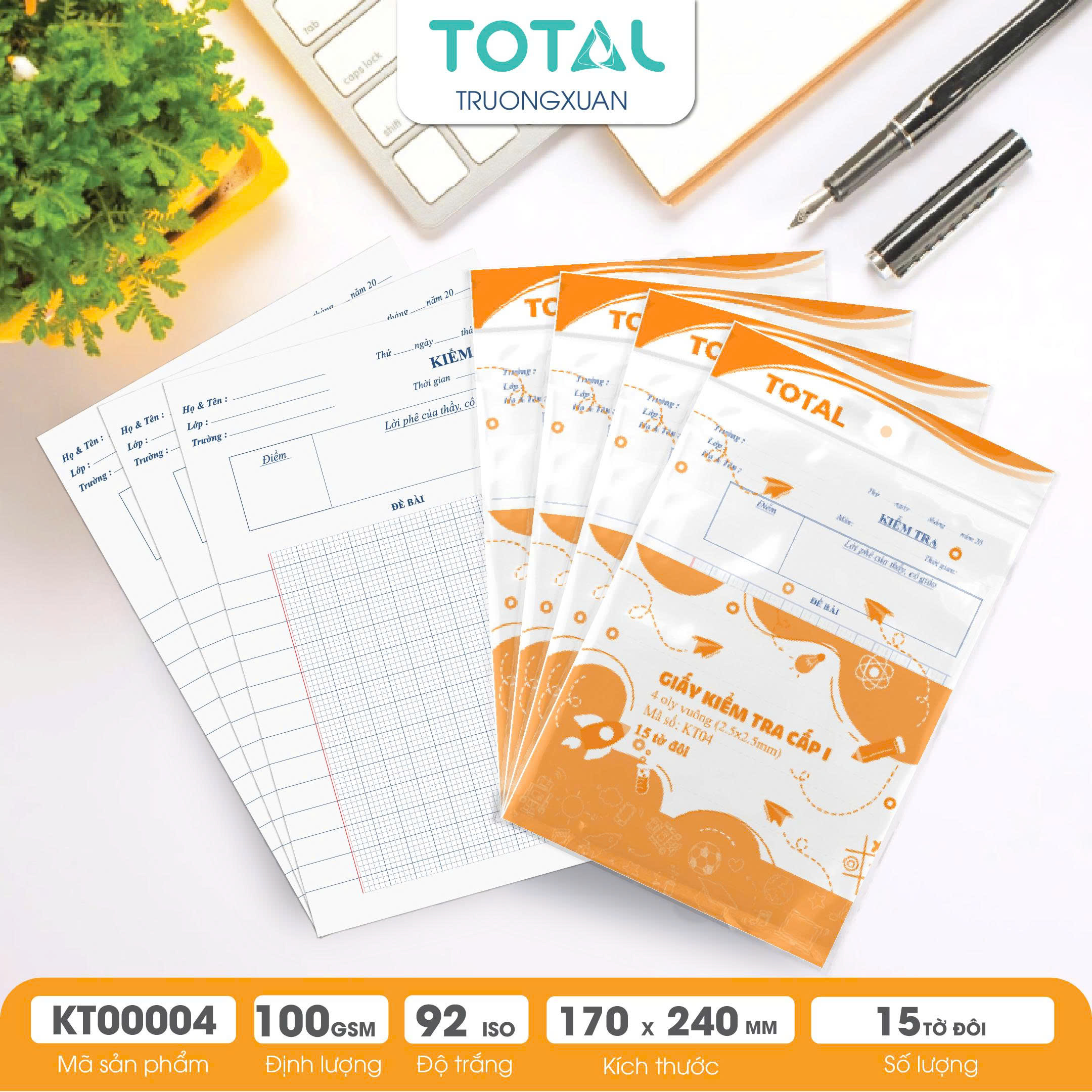 Giấy kiểm tra cấp 1, 4 ôly ( 2.5x2.5mm)- 15 tờ đôi