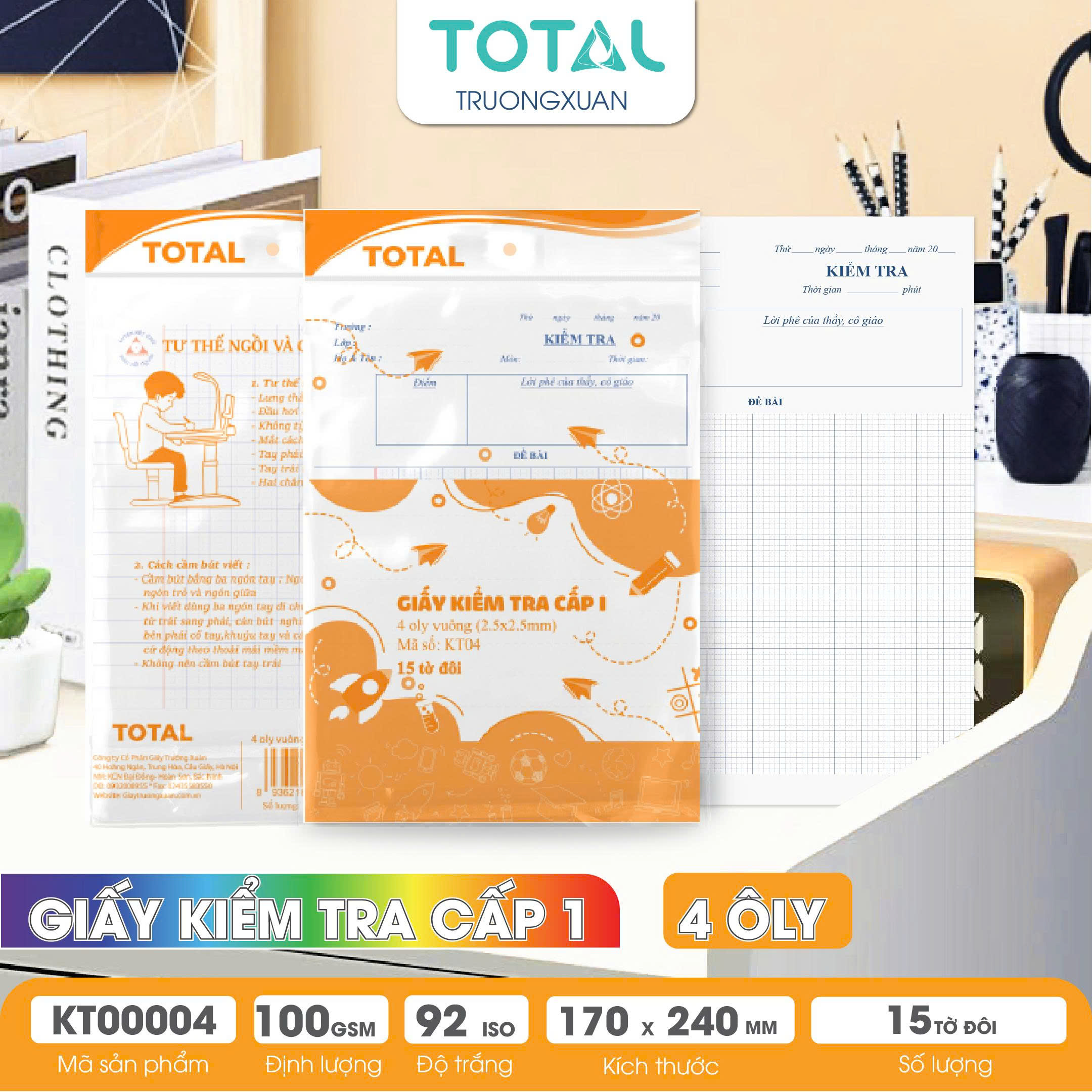 Giấy kiểm tra cấp 1, 4 ôly ( 2.5x2.5mm)- 15 tờ đôi