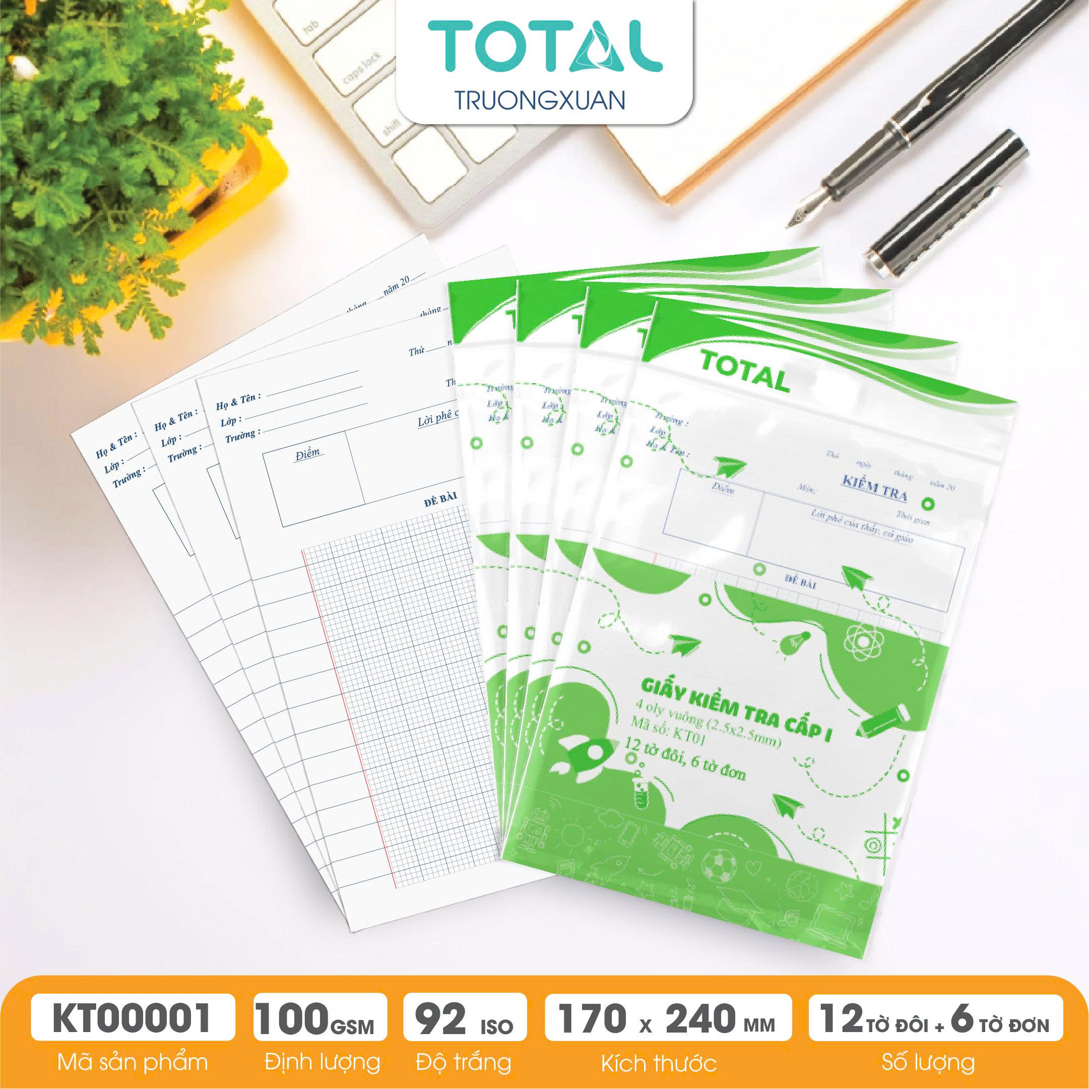 Giấy kiểm tra cấp 1, 4 ôly ( 2.5x2.5mm)- 12 tờ đôi,6 tờ đơn