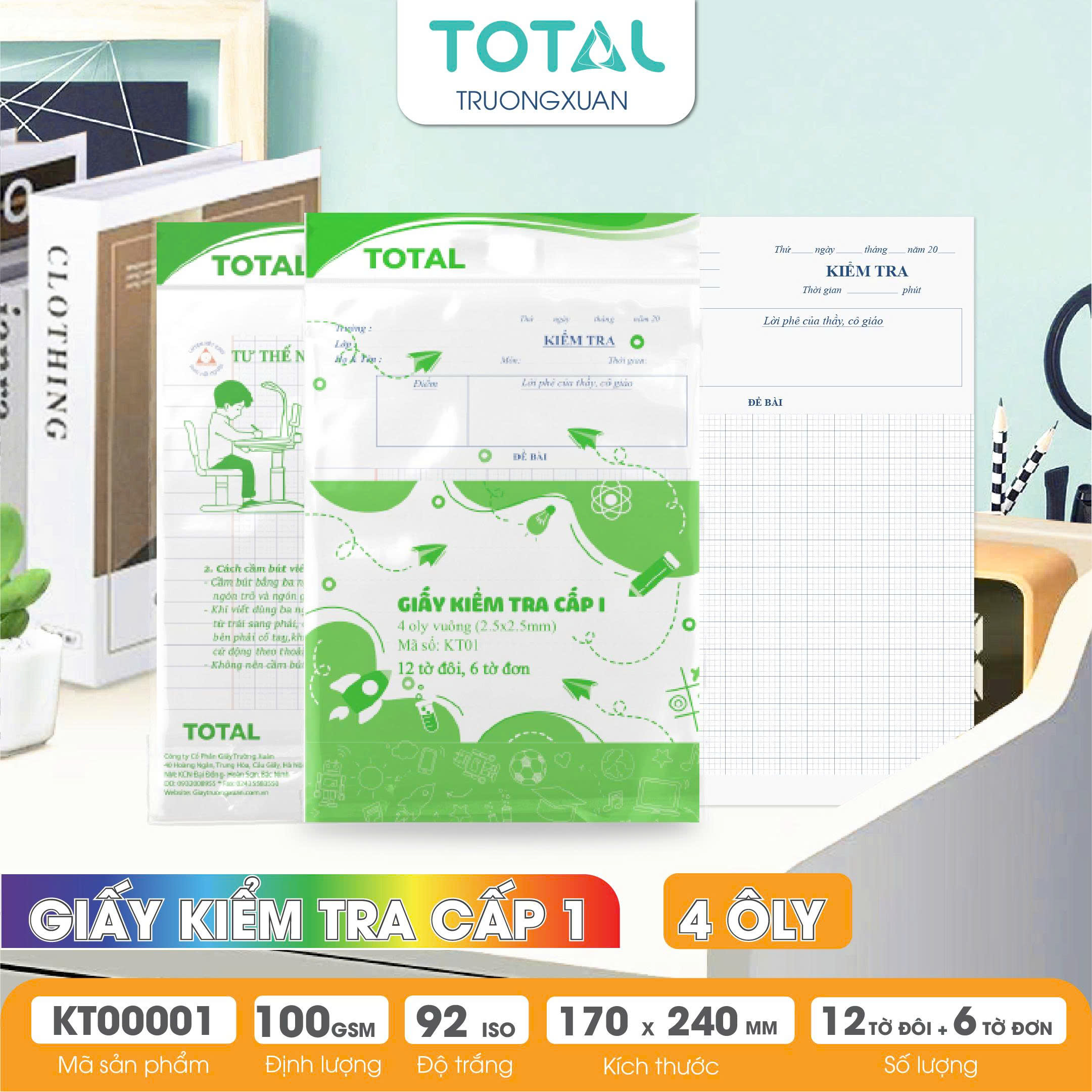 Giấy kiểm tra cấp 1, 4 ôly ( 2.5x2.5mm)- 12 tờ đôi,6 tờ đơn