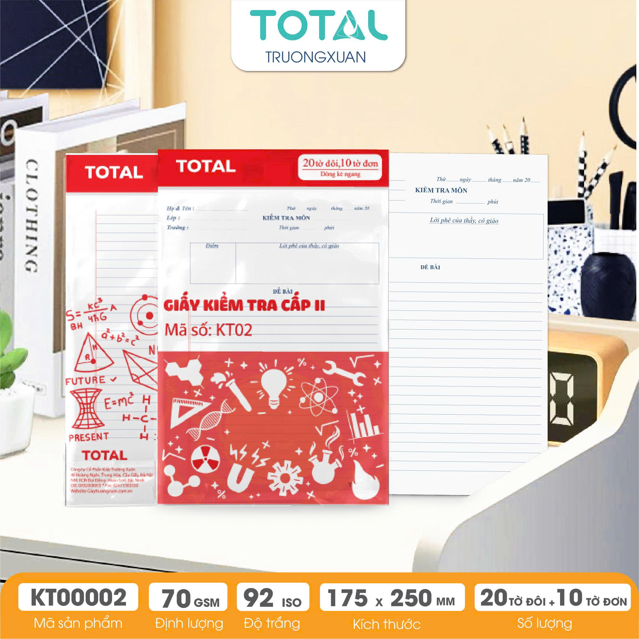 Giấy kiểm tra cấp 2, kẻ ngang - 20 tờ đôi, 10 tờ đơn