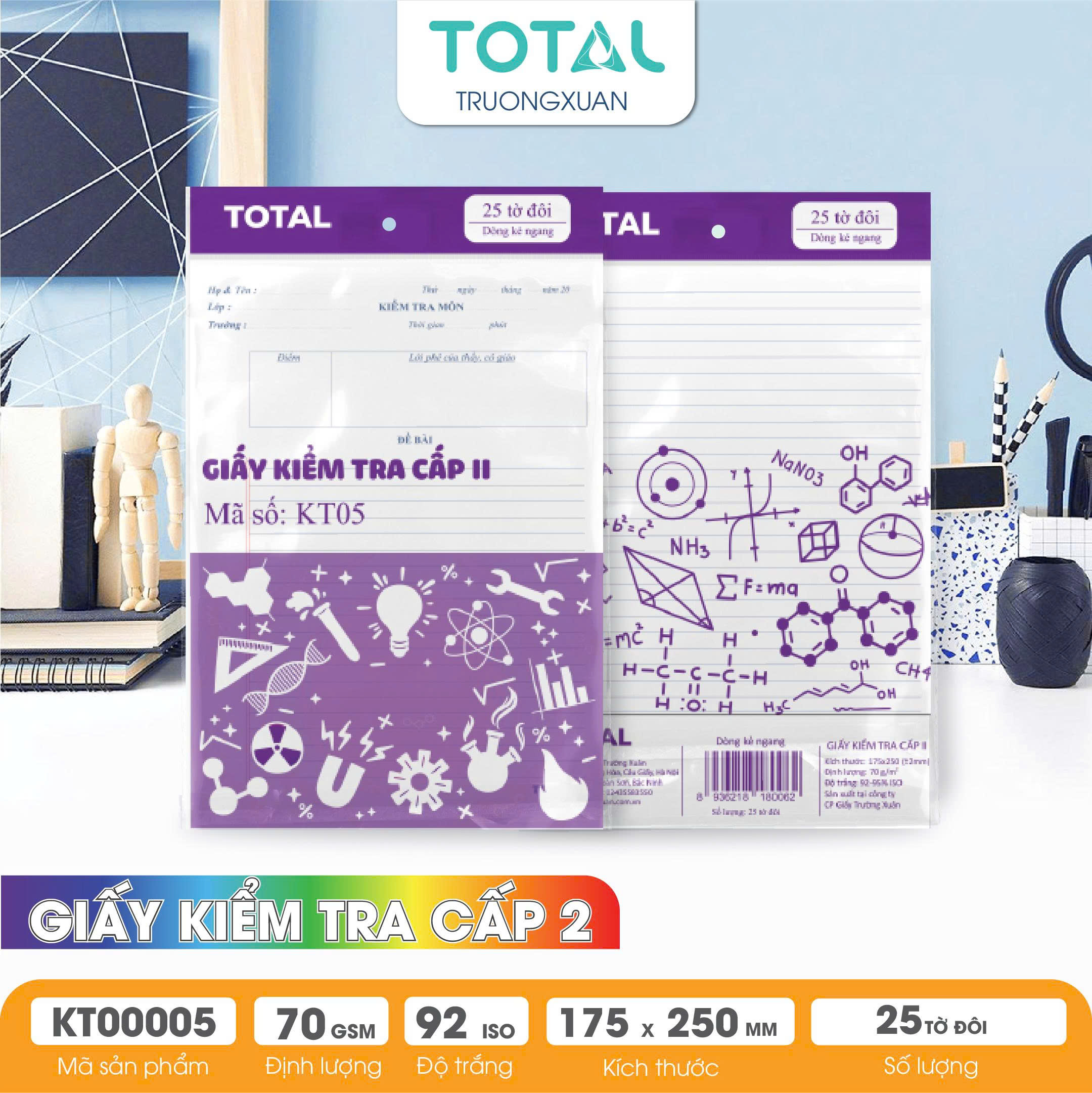 Giấy kiểm tra cấp 2-3, kẻ ngang - 25 tờ đôi