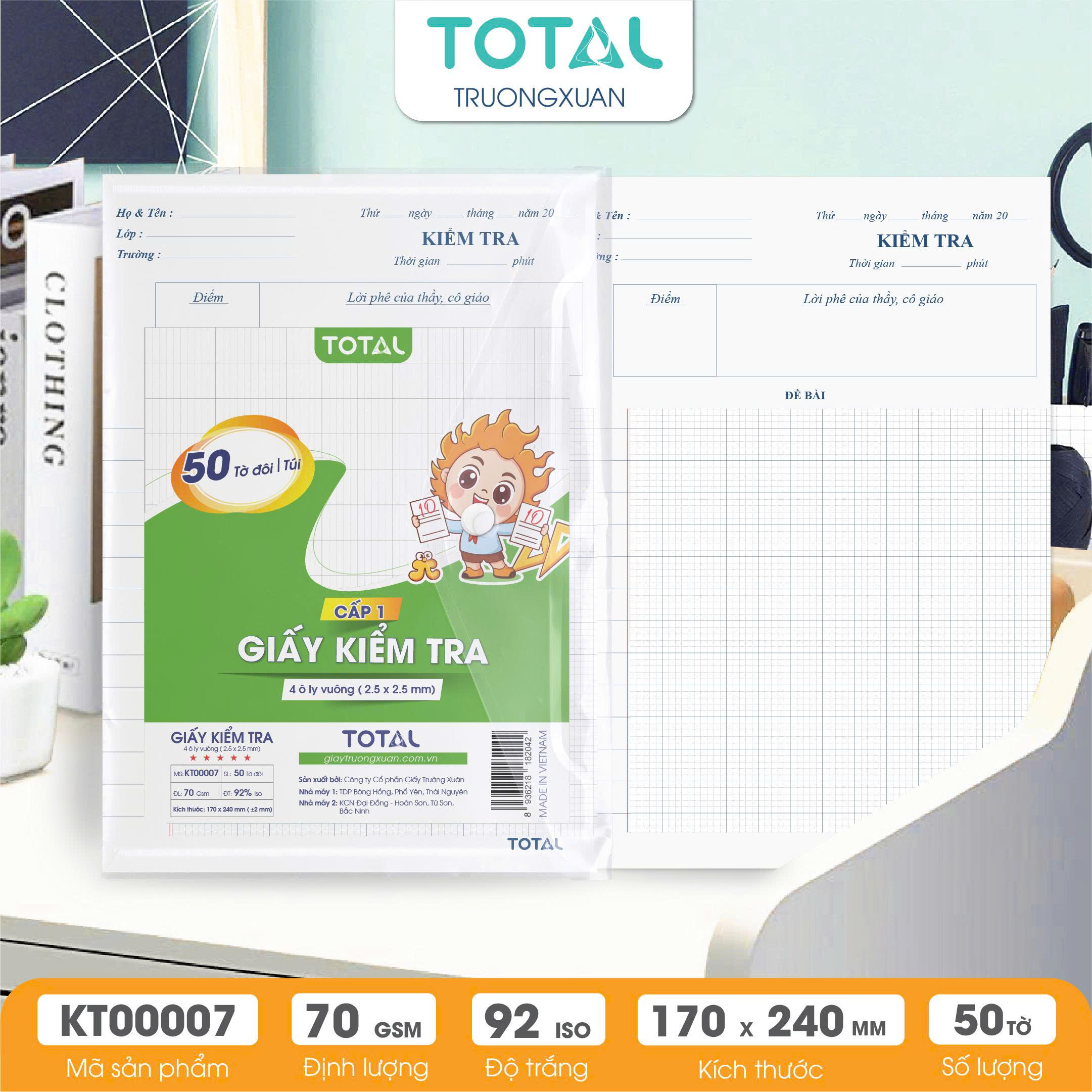 Giấy kiểm tra cấp 1, 4 ôly ( 2.5x2.5mm)- 50 tờ đôi/ túi