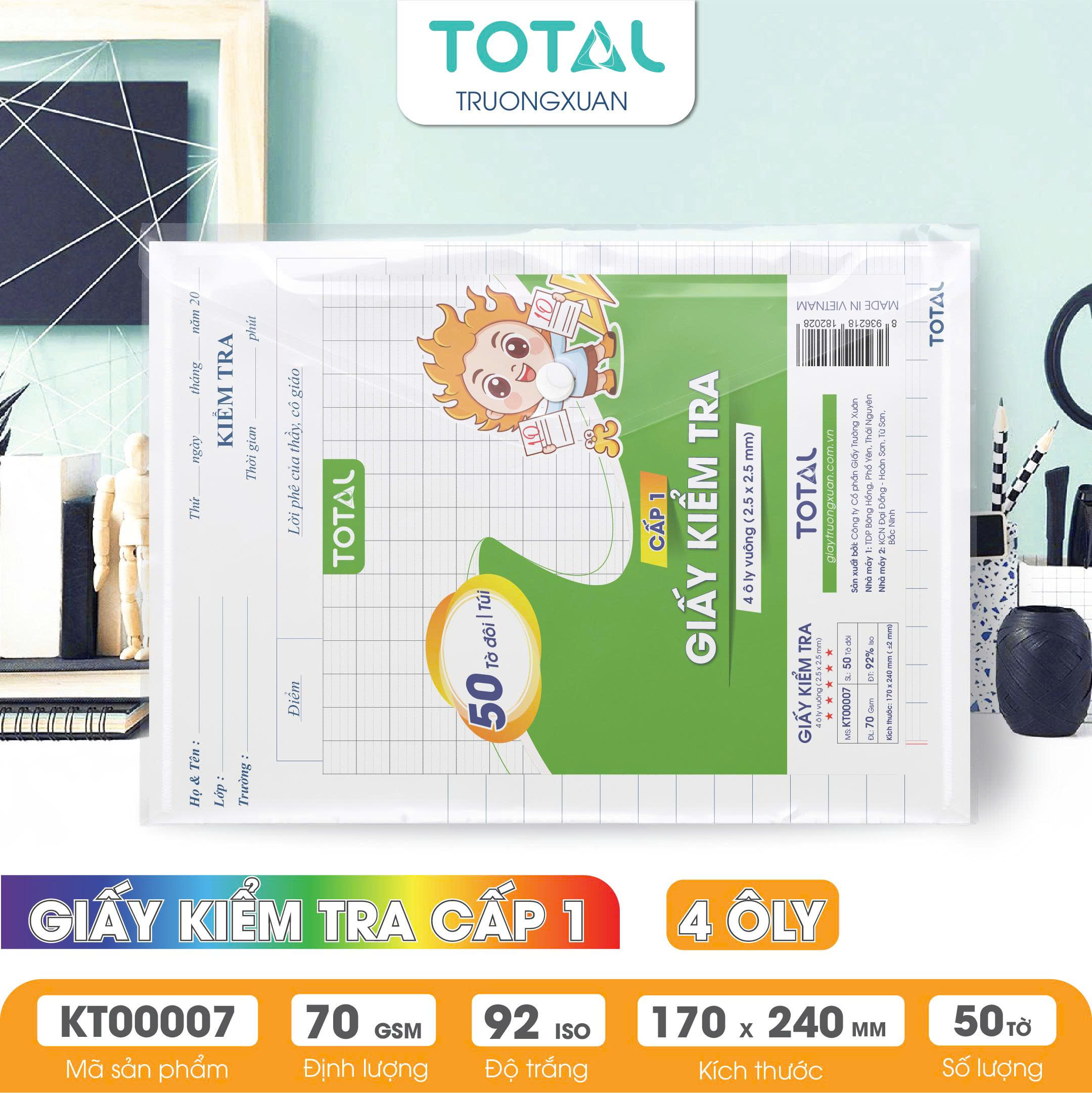 Giấy kiểm tra cấp 1, 4 ôly ( 2.5x2.5mm)- 50 tờ đôi/ túi