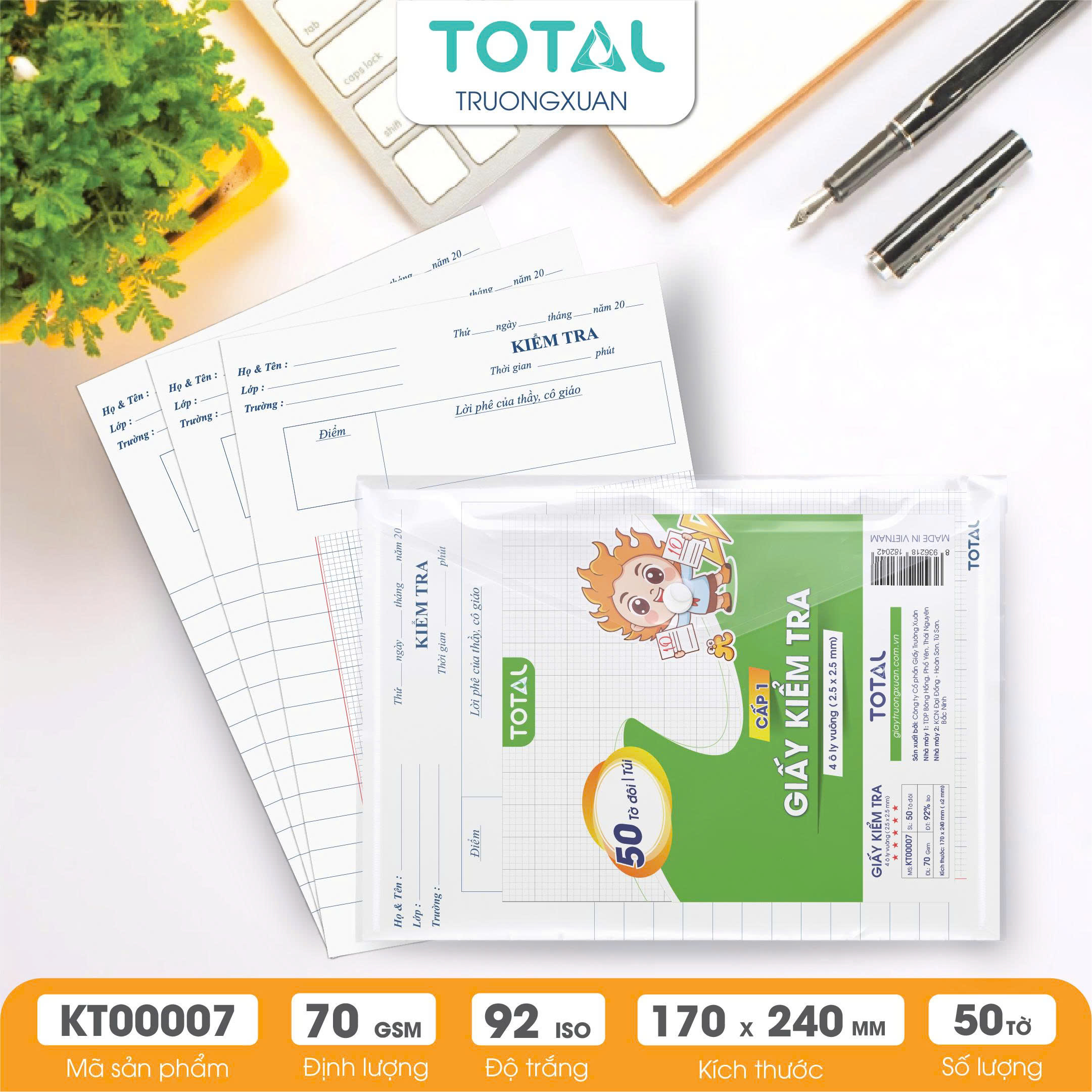 Giấy kiểm tra cấp 1, 4 ôly ( 2.5x2.5mm)- 50 tờ đôi/ túi