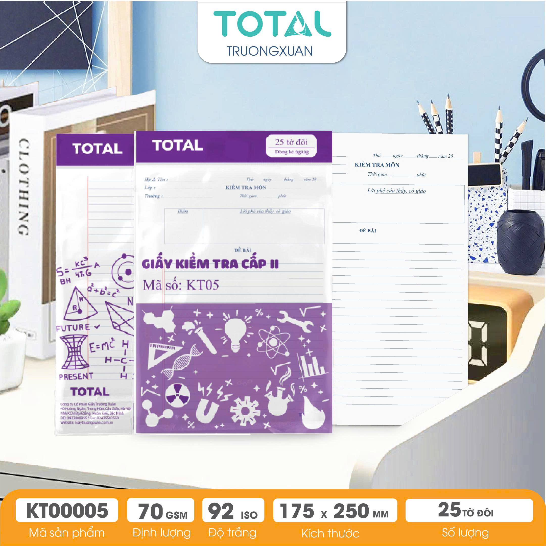 Giấy kiểm tra cấp 2-3, kẻ ngang - 25 tờ đôi