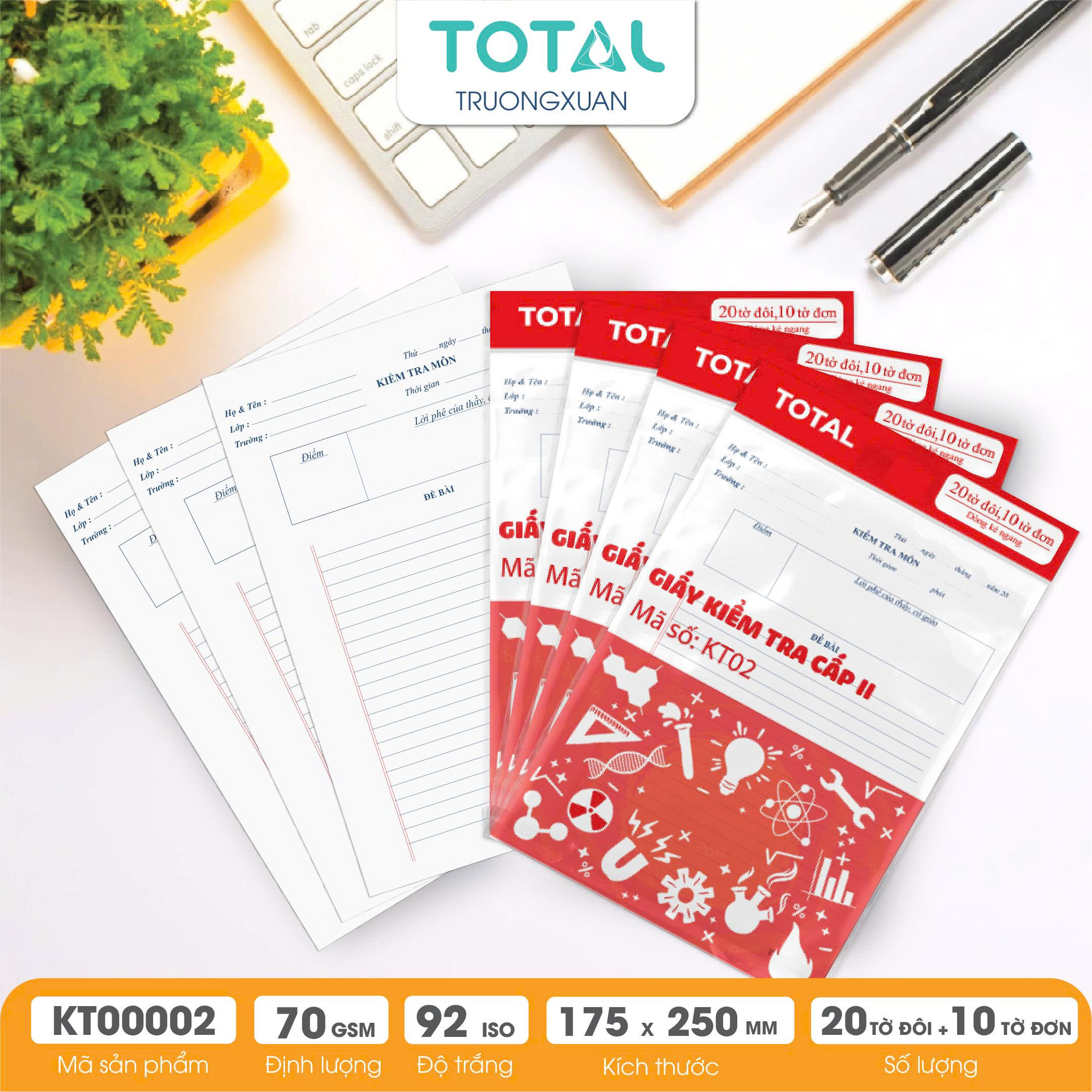 Giấy kiểm tra cấp 2, kẻ ngang - 20 tờ đôi, 10 tờ đơn