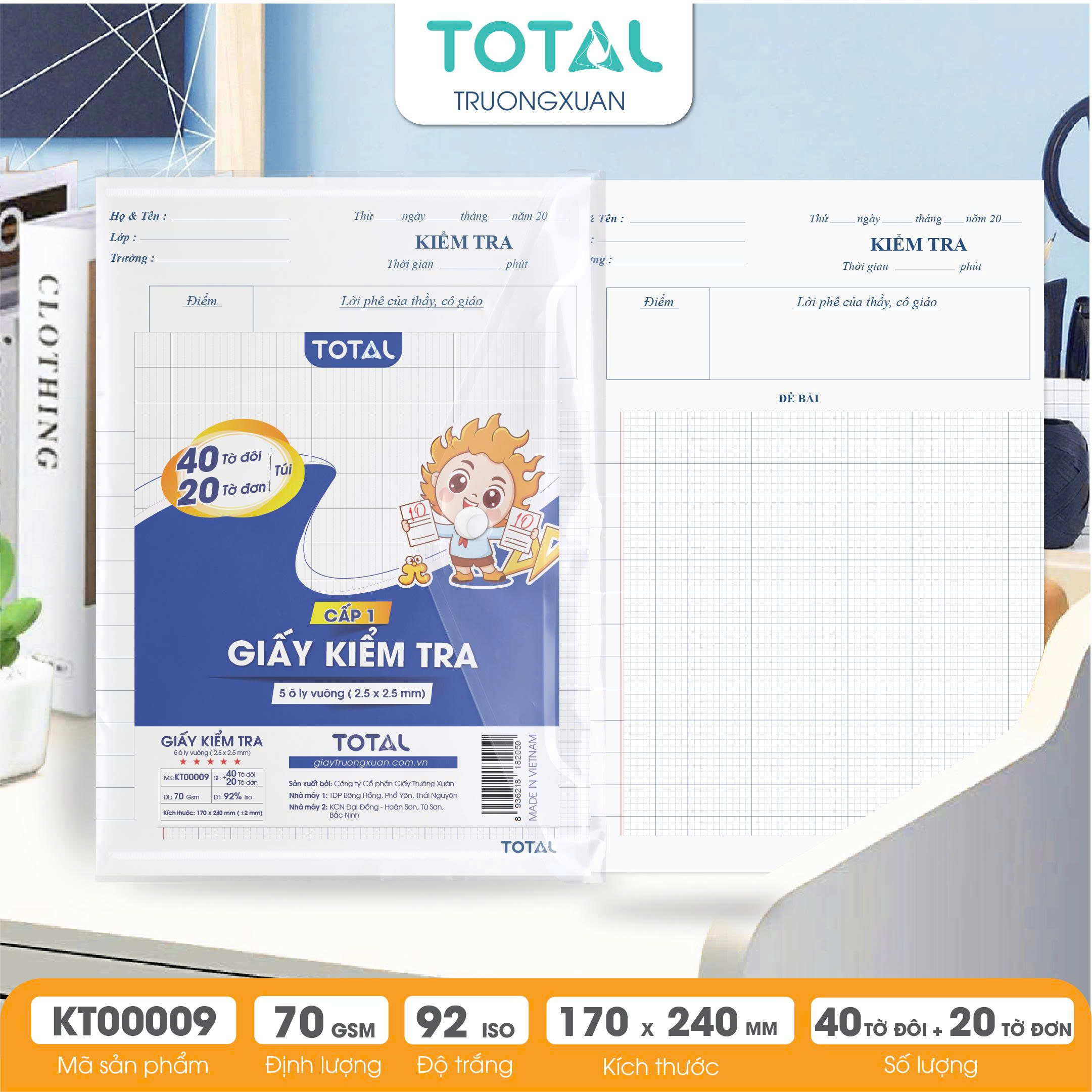 Giấy kiểm tra cấp 1, 5 ôly ( 2.5x2.5mm)- 40 tờ đôi,20 tờ đơn