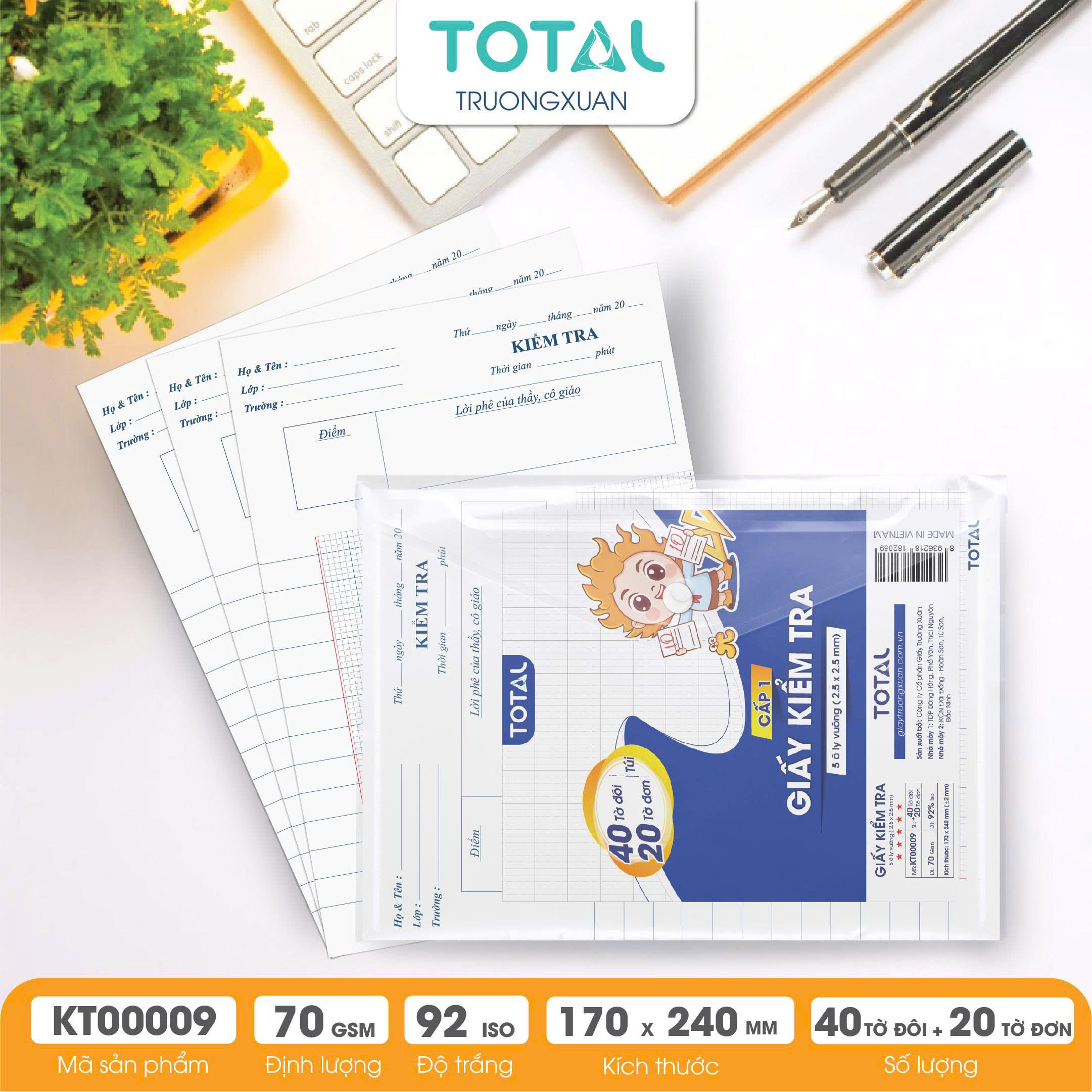 Giấy kiểm tra cấp 1, 5 ôly ( 2.5x2.5mm)- 40 tờ đôi,20 tờ đơn