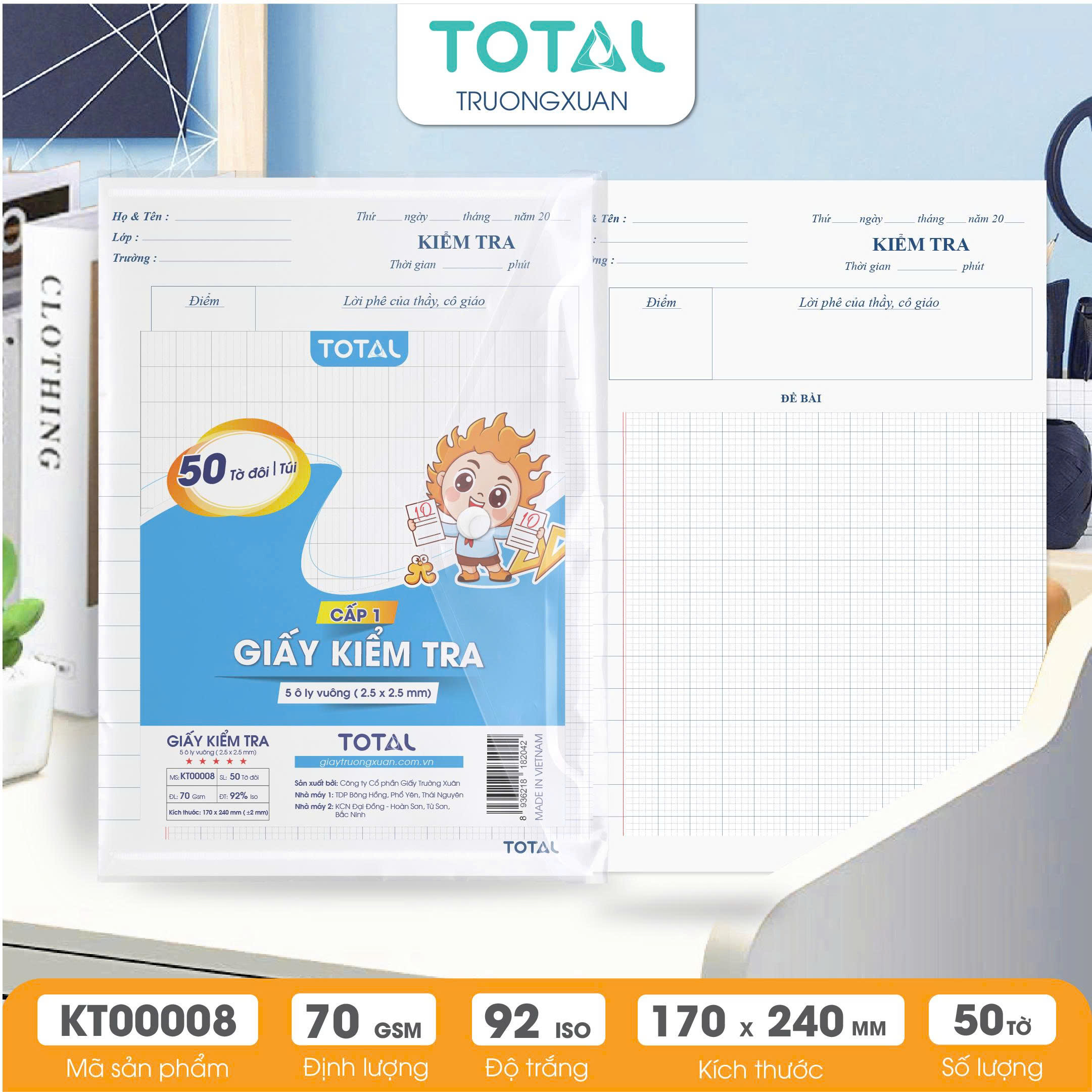 Giấy kiểm tra cấp 1, 5 ôly ( 2.5x2.5mm)- 50 tờ đôi