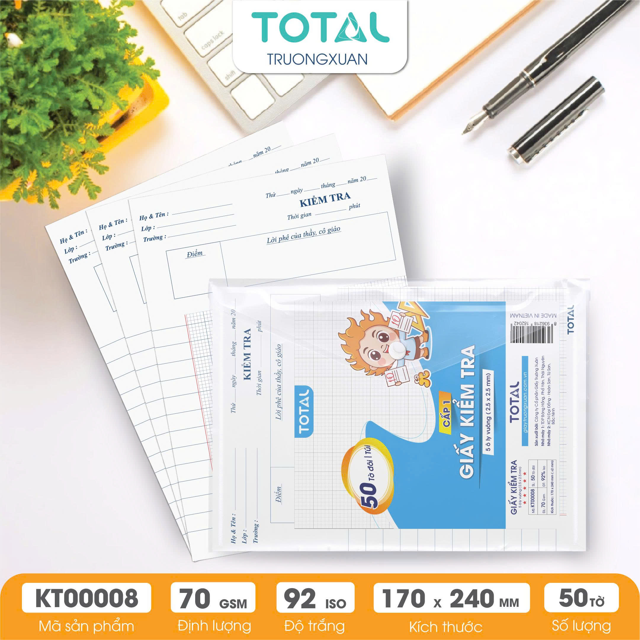 Giấy kiểm tra cấp 1, 5 ôly ( 2.5x2.5mm)- 50 tờ đôi