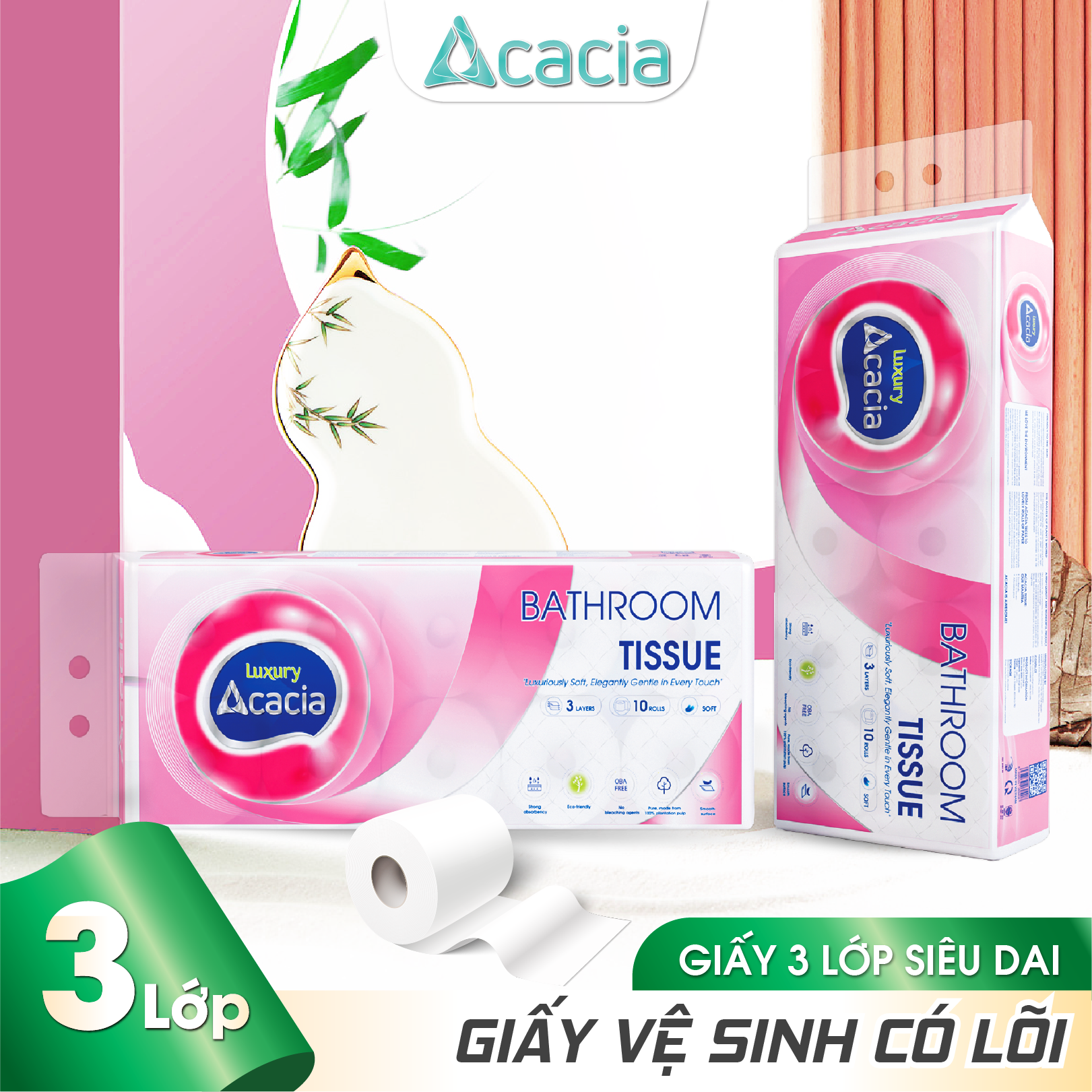 Giấy Toilet ACACIA T15 Luxury 10 cuộn có lõi (Hồng)