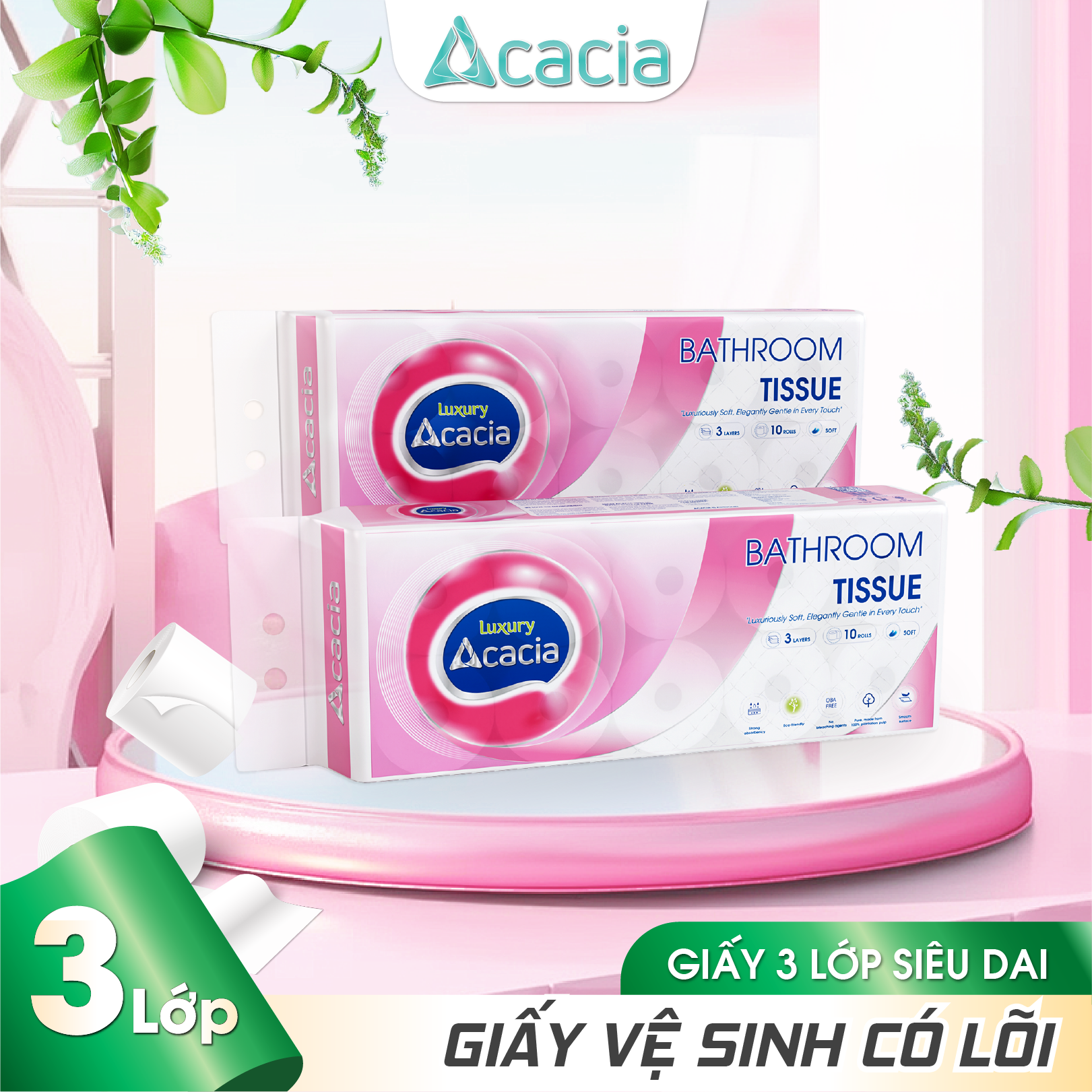 Giấy Toilet ACACIA T15 Luxury 10 cuộn có lõi (Hồng)