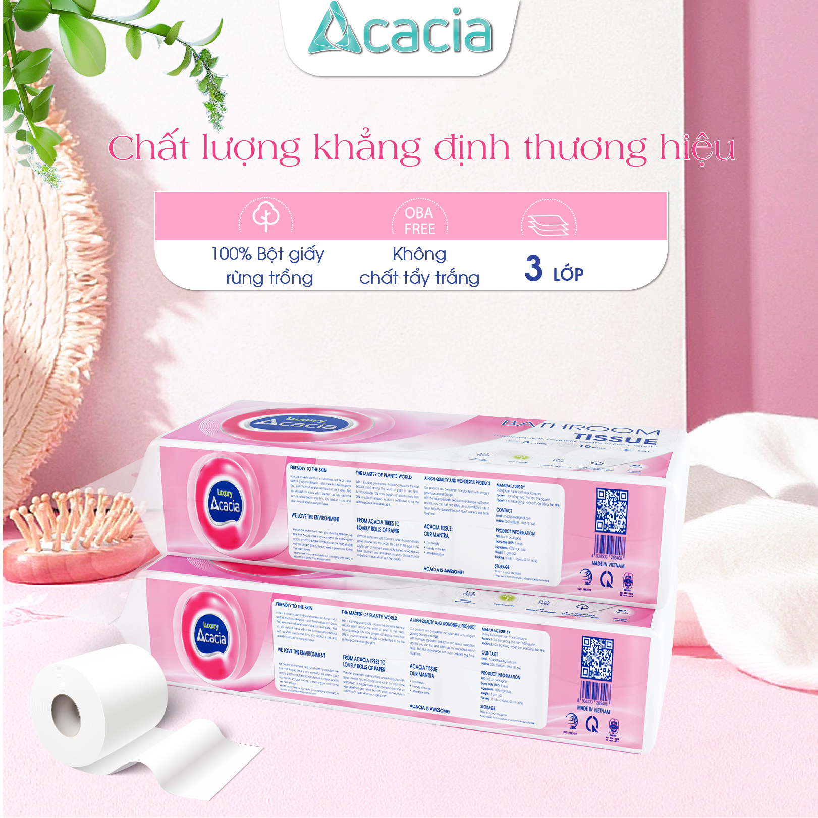Giấy Toilet ACACIA T15 Luxury 10 cuộn có lõi (Hồng)