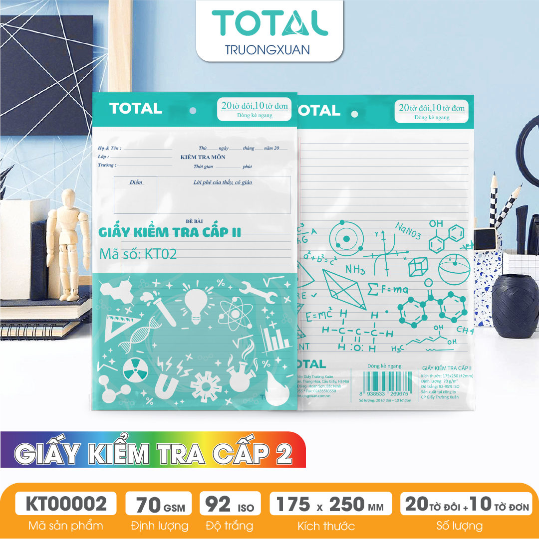 Giấy kiểm tra cấp 2, kẻ ngang - 20 tờ đôi, 10 tờ đơn