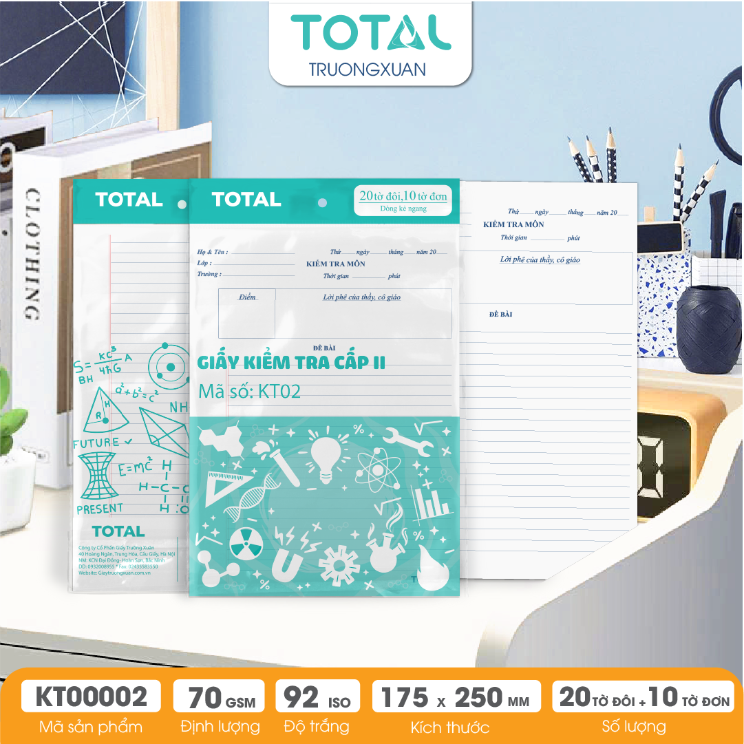 Giấy kiểm tra cấp 2, kẻ ngang - 20 tờ đôi, 10 tờ đơn