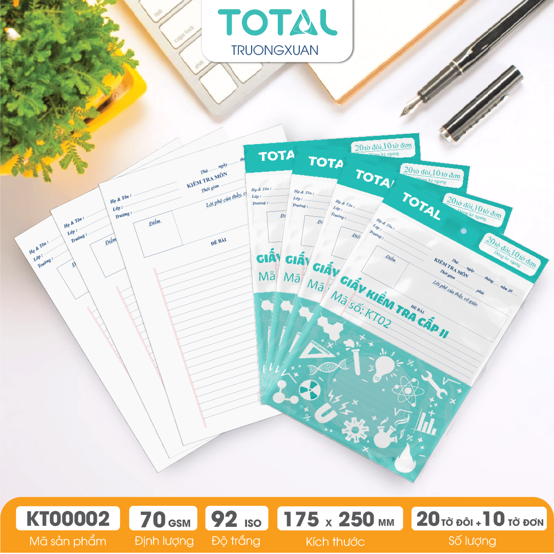 Giấy kiểm tra cấp 2, kẻ ngang - 20 tờ đôi, 10 tờ đơn