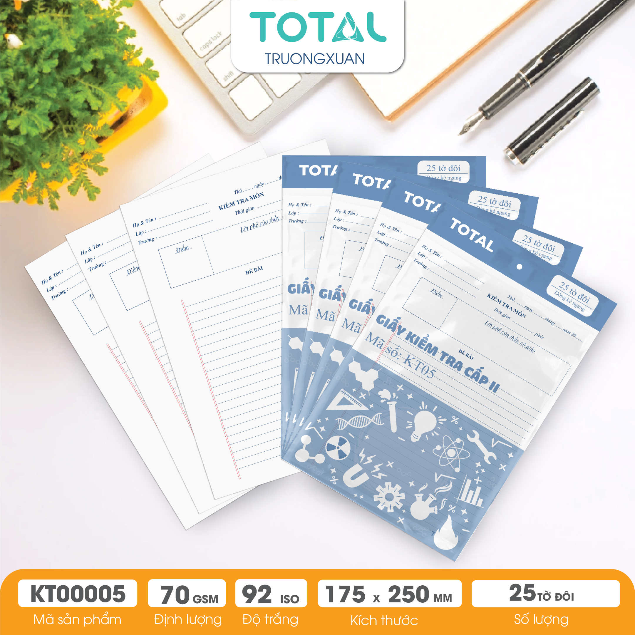 Giấy kiểm tra cấp 2-3, kẻ ngang - 25 tờ đôi